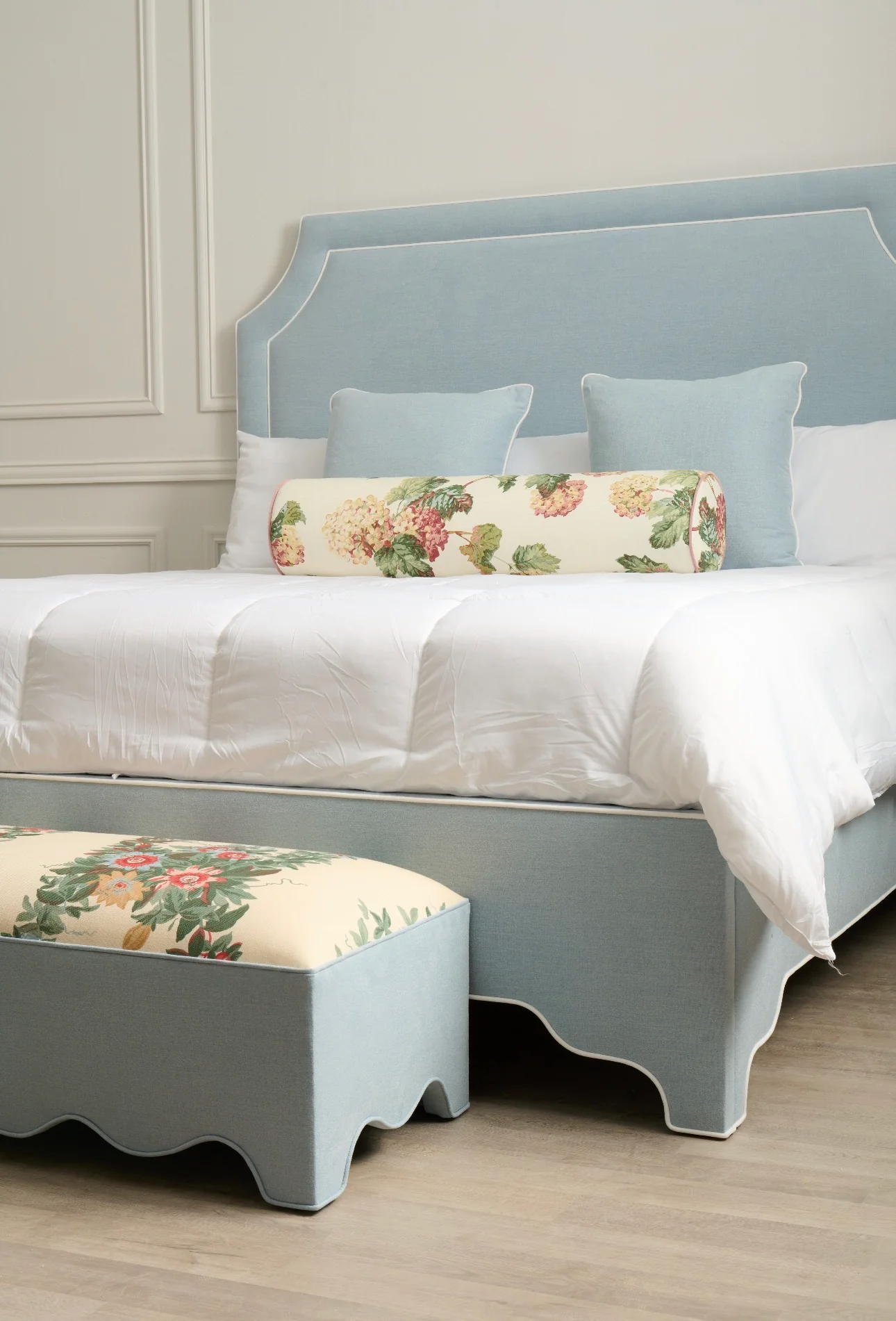 65" H King Platform Bed - Scalloped Legs - Sky Blue Woven Fabric with White Trim - Image 7