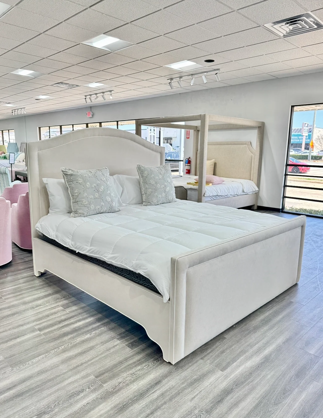 65"H King Platform Bed - Upholstered Footboard - Oatmeal Woven Fabric - White Trim - Image 5