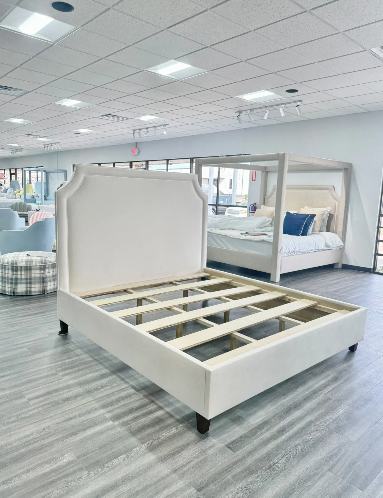 65" H King Platform Bed - Wooden Legs - Oatmeal Woven Fabric - White Welted - Image 4