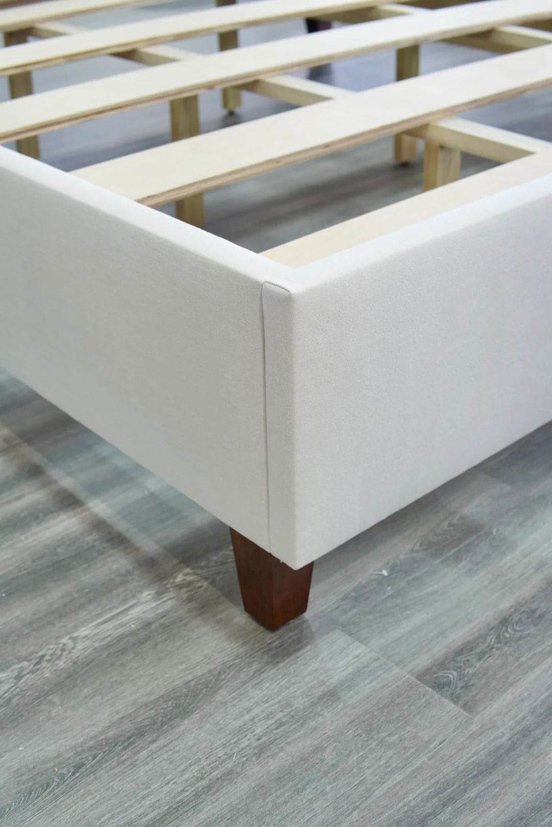 65" H King Platform Bed - Wooden Legs - Oatmeal Woven Fabric - White Welted - Image 5