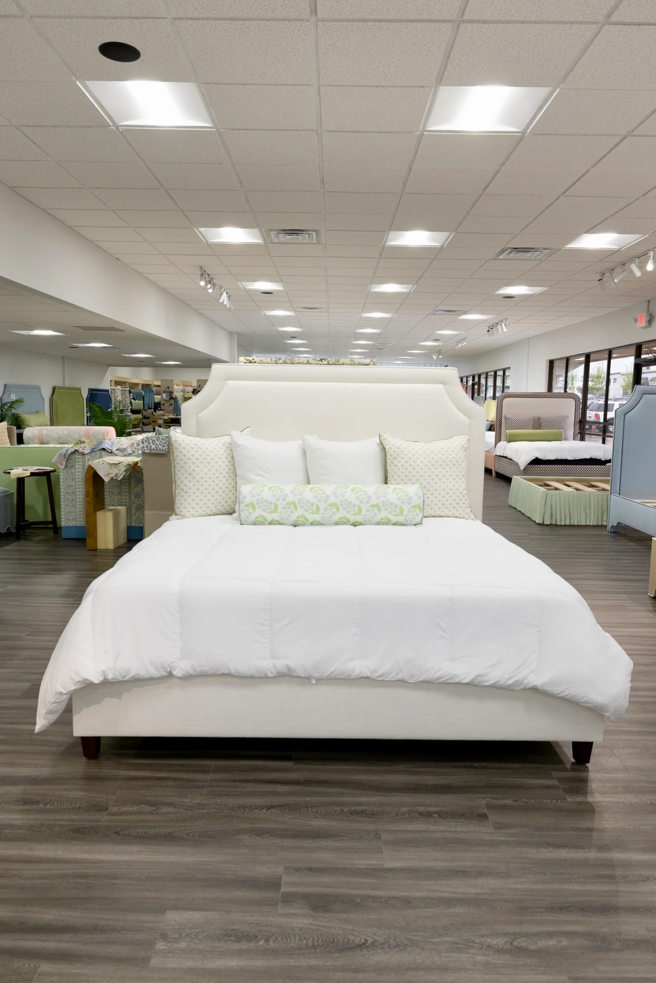 65”H King Platform Bed - Wooden Legs - Off White Linen Fabric - Image 2