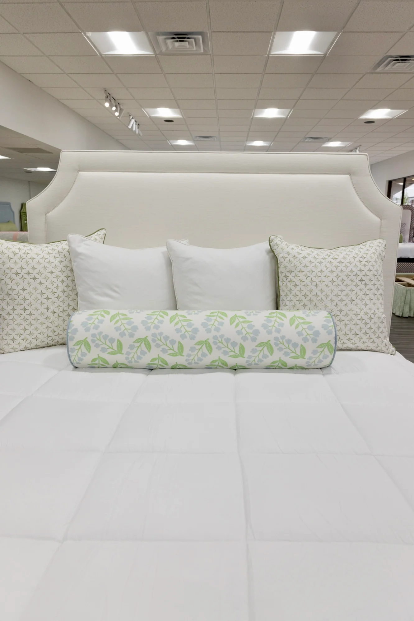 65”H King Platform Bed - Wooden Legs - Off White Linen Fabric - Image 4