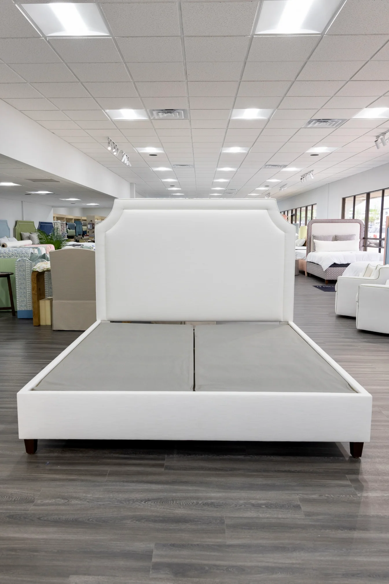 65”H King Platform Bed - Wooden Legs - Off White Linen Fabric - Image 6