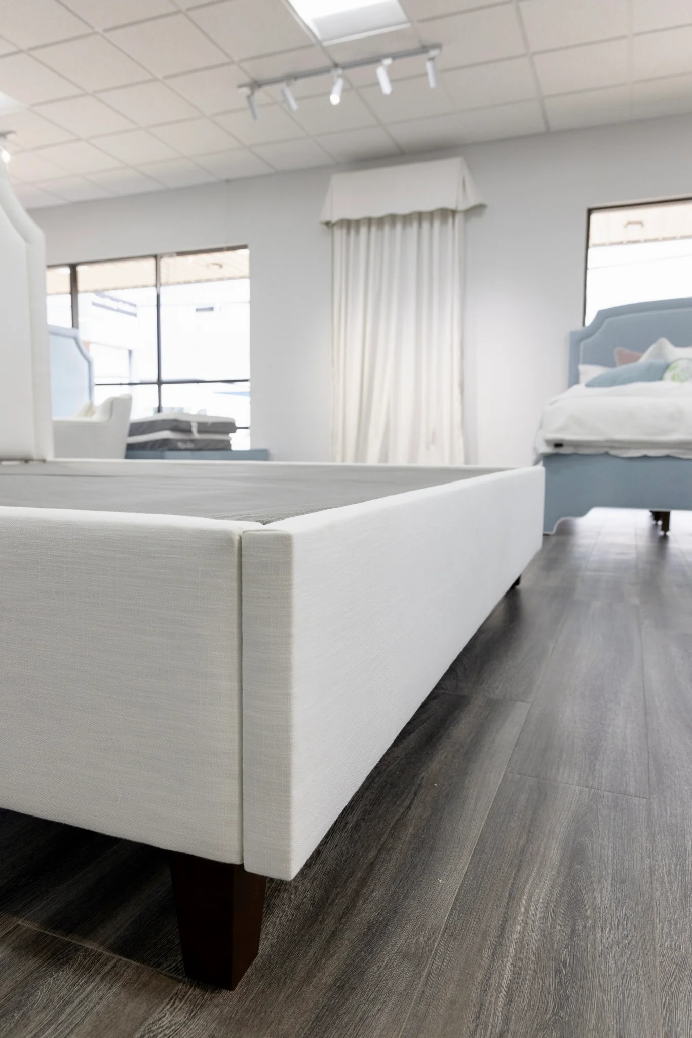 65”H King Platform Bed - Wooden Legs - Off White Linen Fabric - Image 7