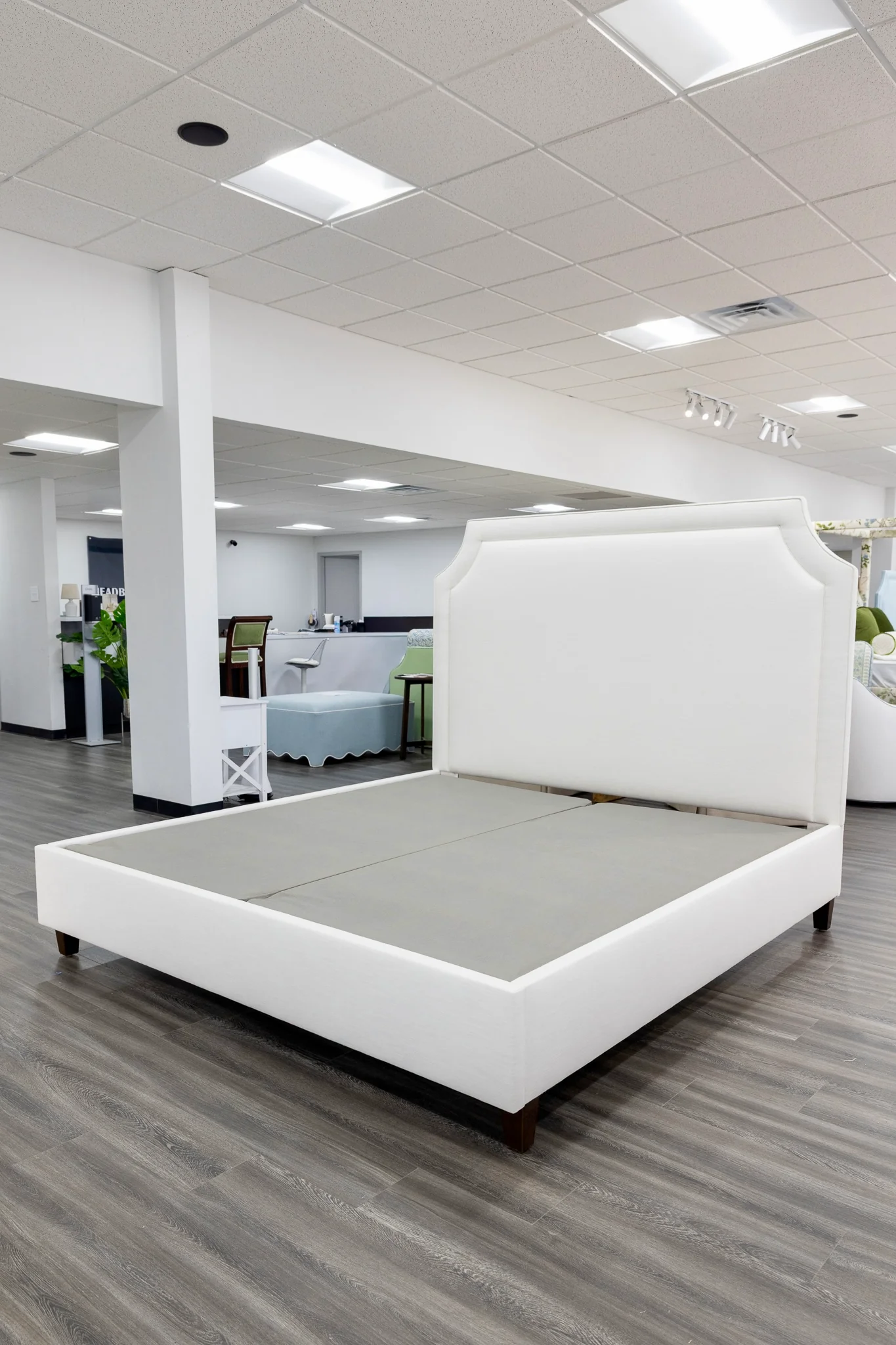 65”H King Platform Bed - Wooden Legs - Off White Linen Fabric - Image 8