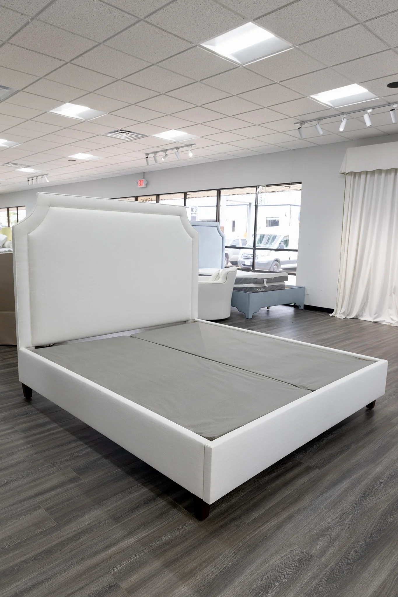 65”H King Platform Bed - Wooden Legs - Off White Linen Fabric - Image 9