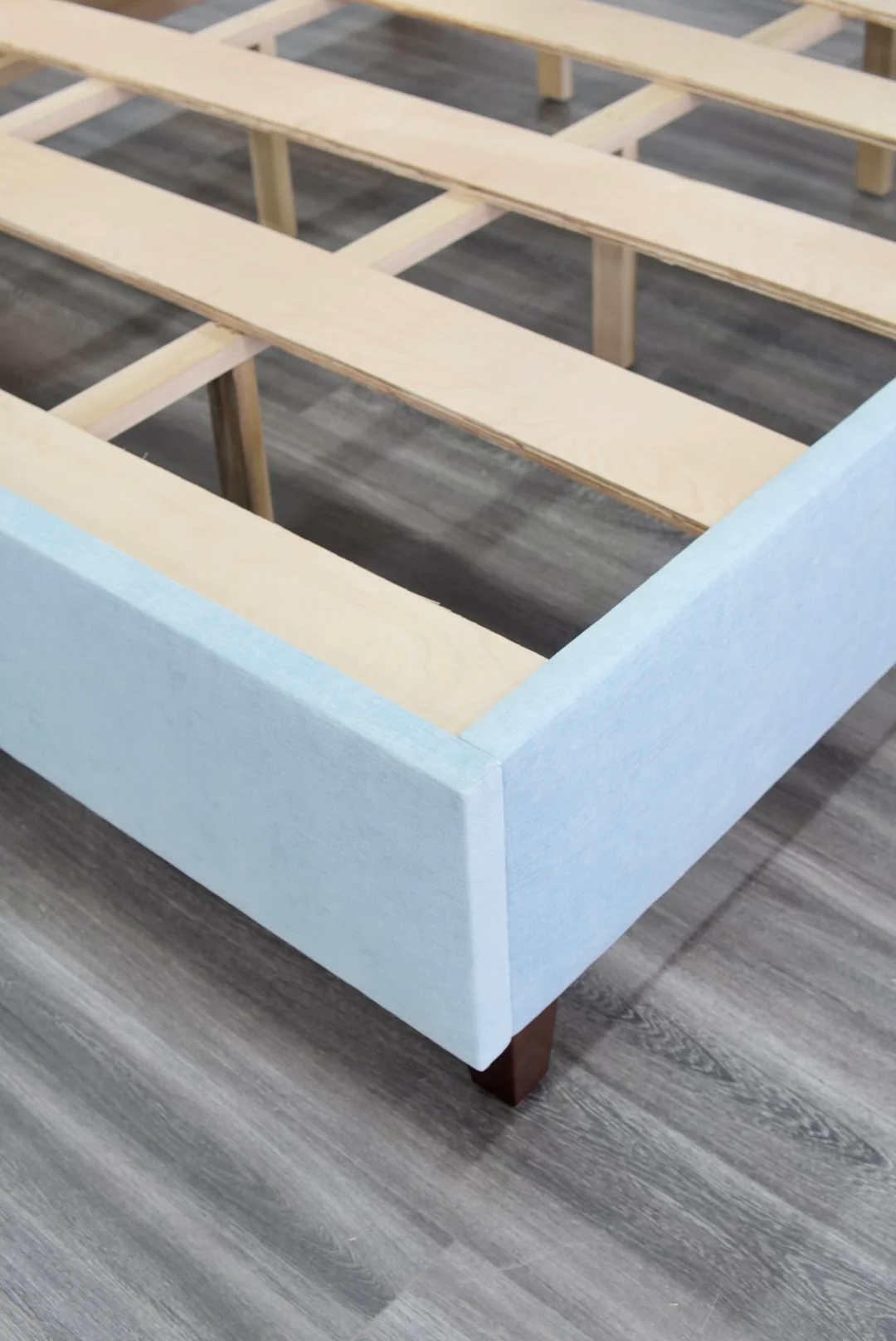 65" H King Platform Bed - Wooden Legs - Seafoam Blue Chenille Fabric with White Trim - Image 7