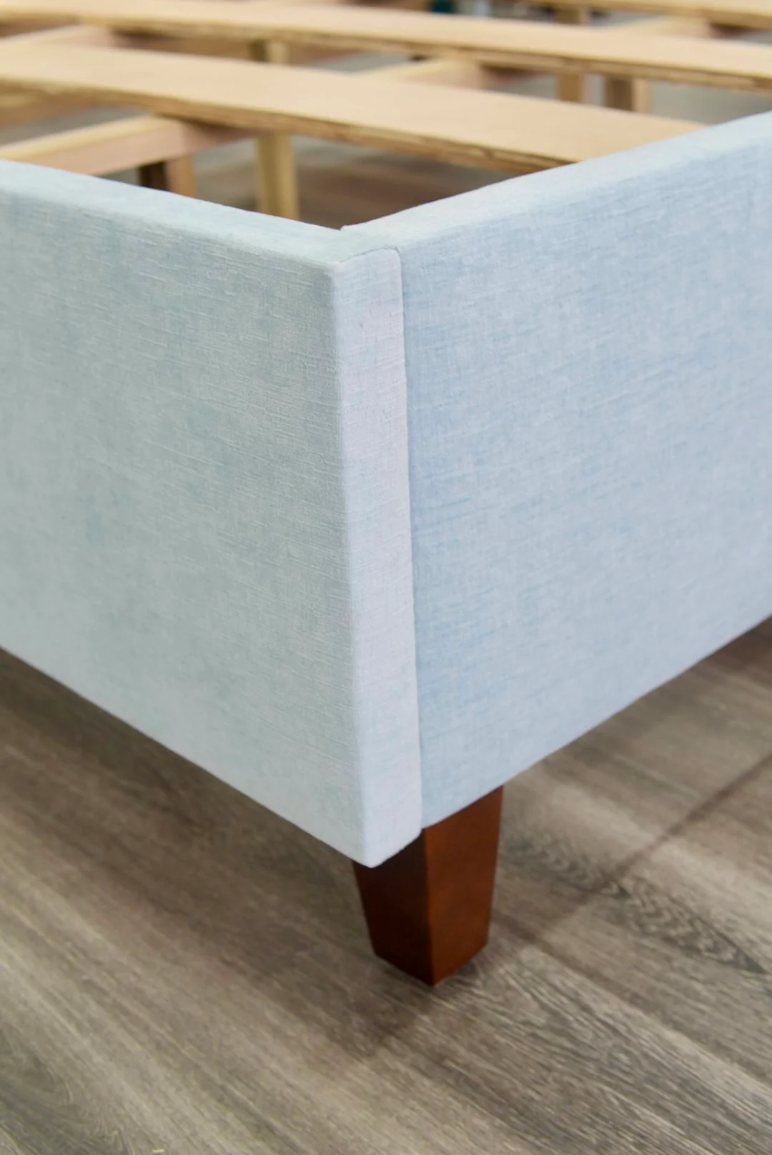 65" H King Platform Bed - Wooden Legs - Seafoam Blue Chenille Fabric with White Trim - Image 8