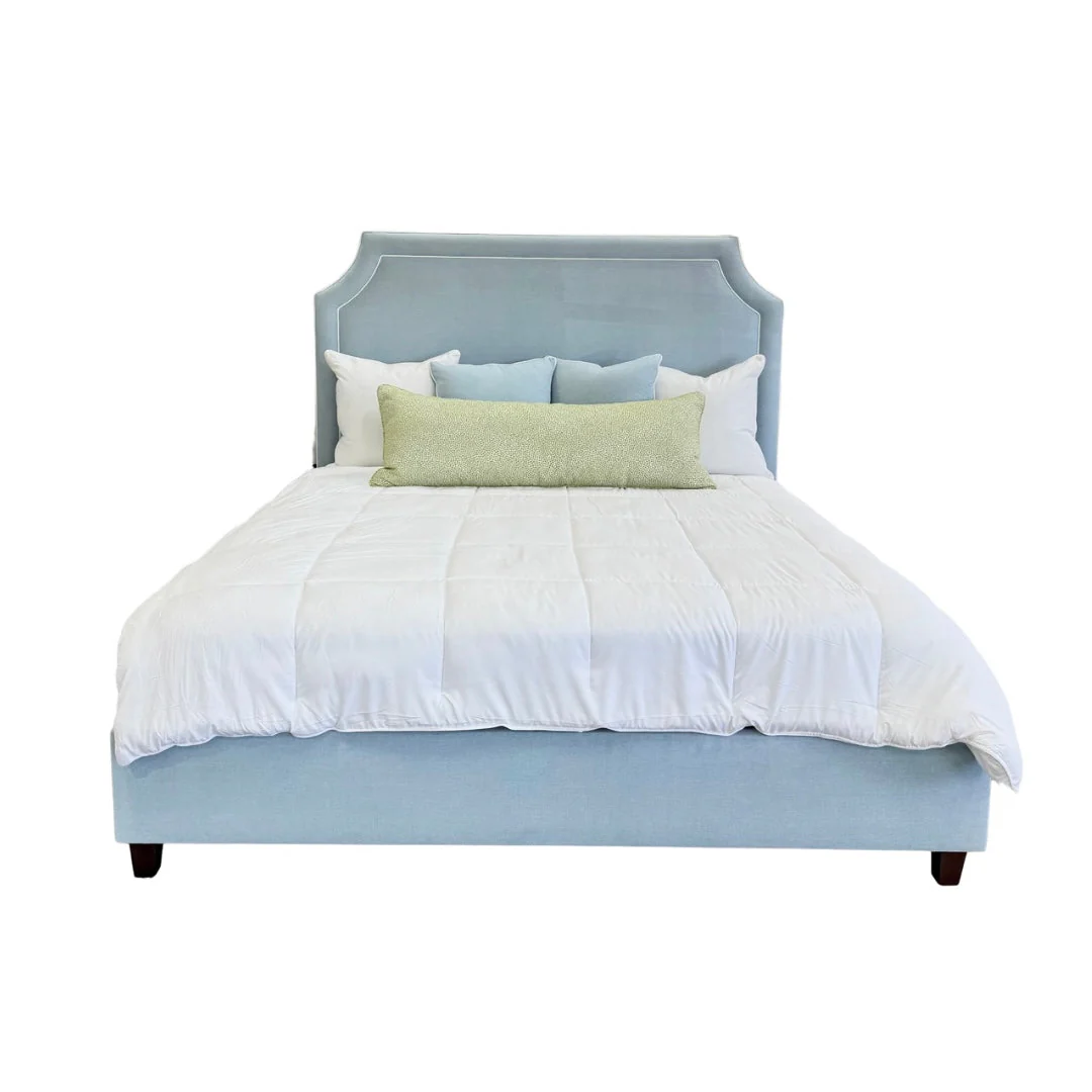 65" H King Platform Bed - Wooden Legs - Sky Blue Woven Fabric with White Trim