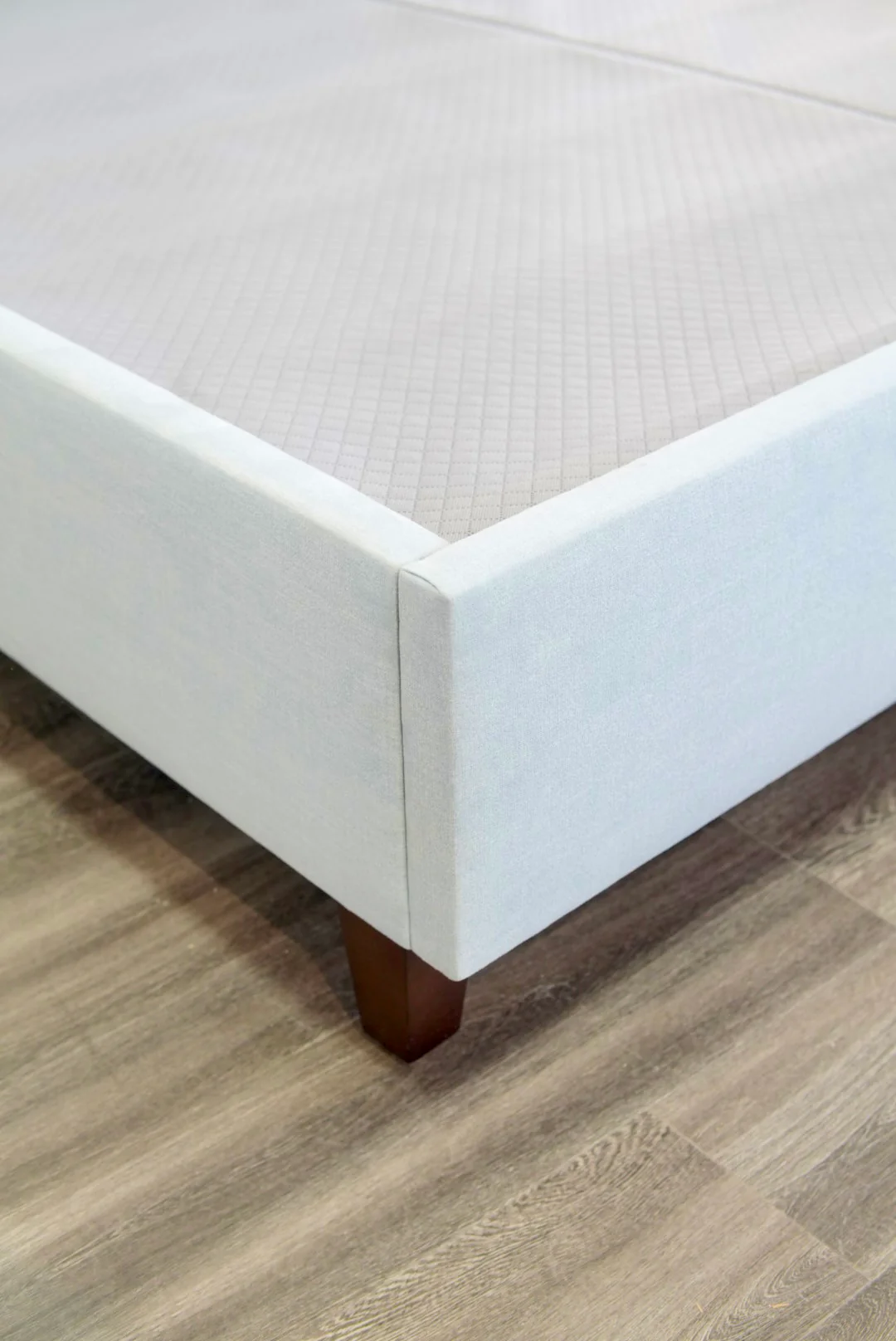 65" H King Platform Bed - Wooden Legs - Sky Blue Woven Fabric with White Trim - Image 6