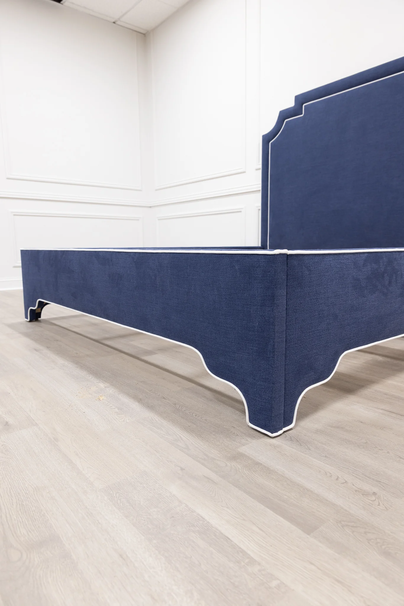 65"H Martha King Platform Bed - Upholstered Legs - Navy Blue Woven Fabric - White Trim - Image 5
