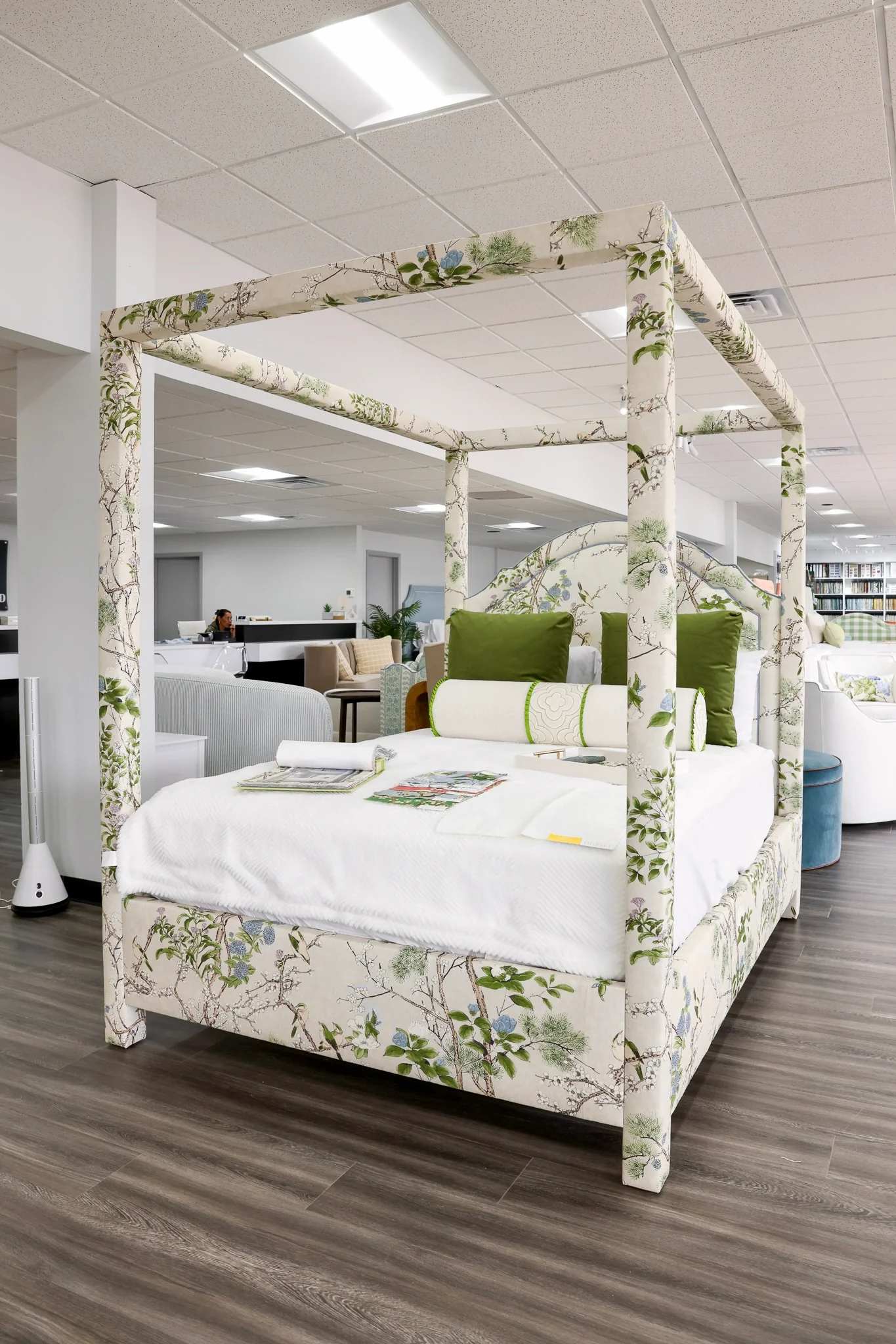 Queen Canopy Bed - Upholstered in Katsura Fabric - Blue Trim - Image 10