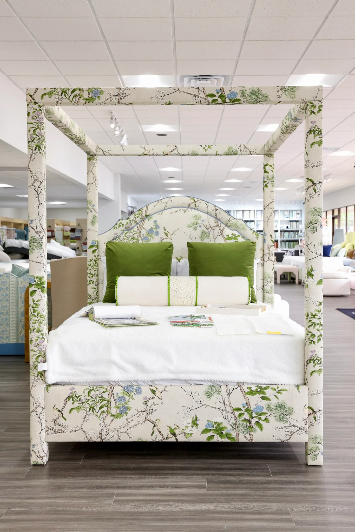Queen Canopy Bed - Upholstered in Katsura Fabric - Blue Trim - Image 2