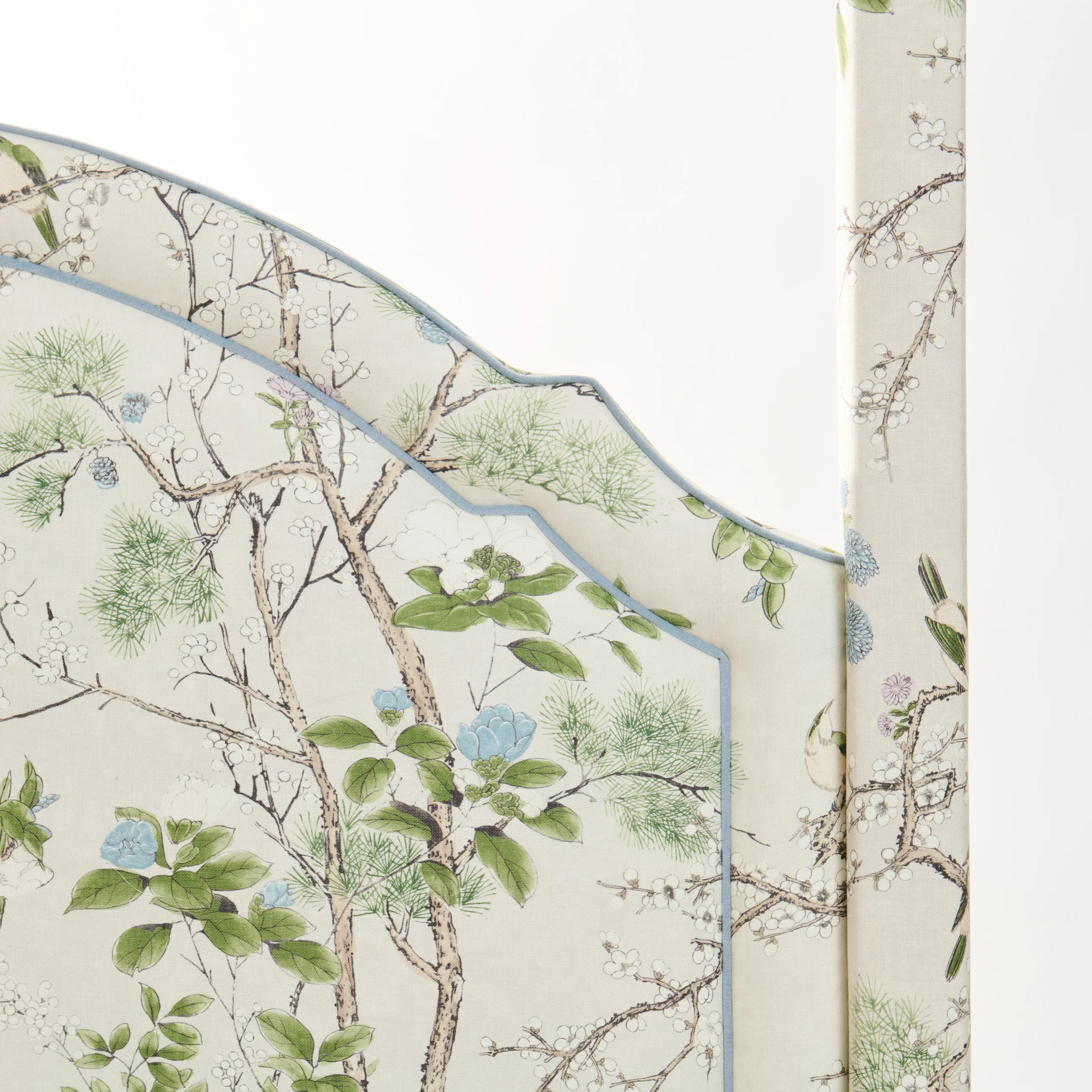 Queen Canopy Bed - Upholstered in Katsura Fabric - Blue Trim - Image 4