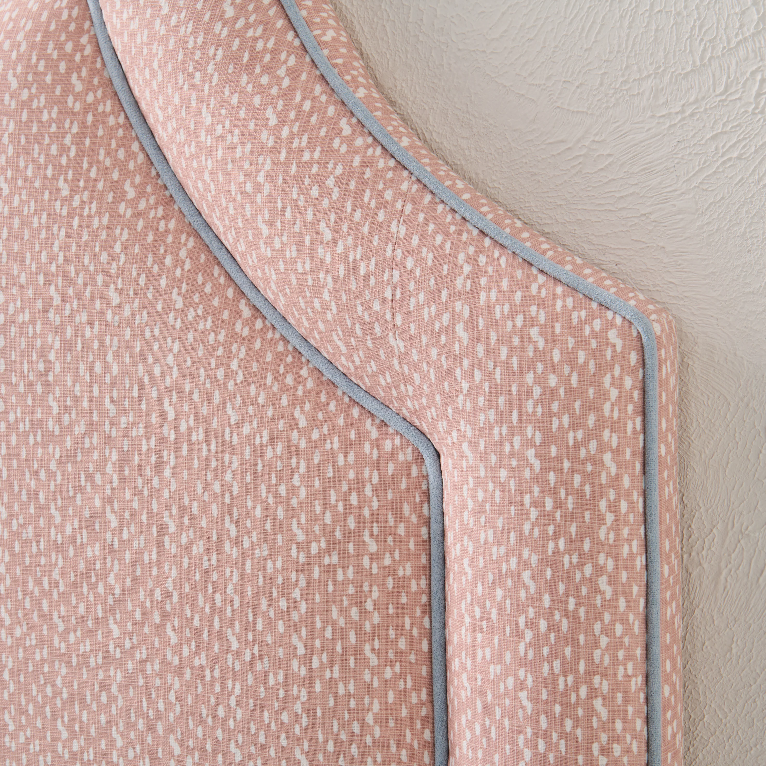 65" H Queen Headboard Blush Pink Dot Pattern Fabric - Sky Blue Trim - Image 2