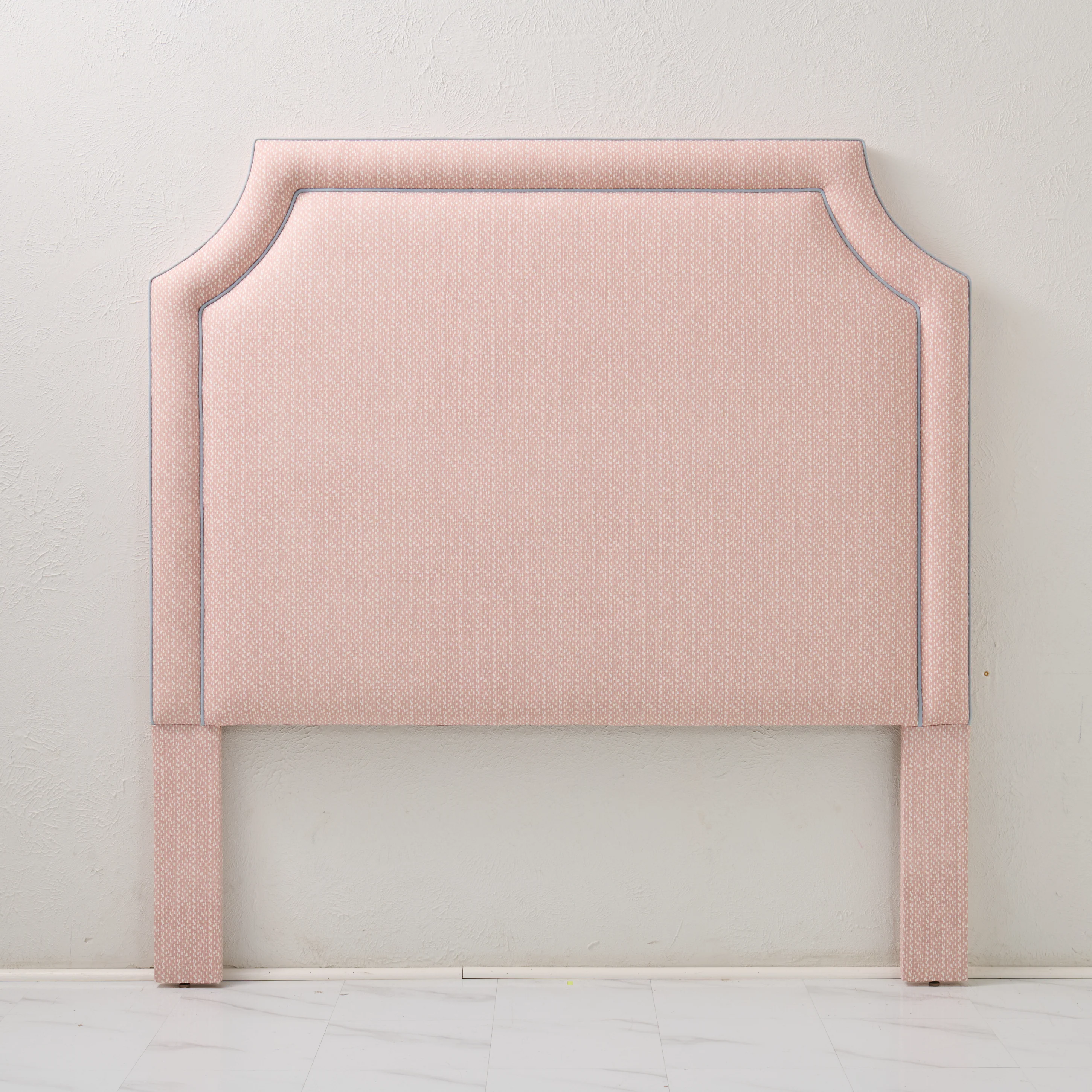 65" H Queen Headboard Blush Pink Dot Pattern Fabric - Sky Blue Trim - Image 5