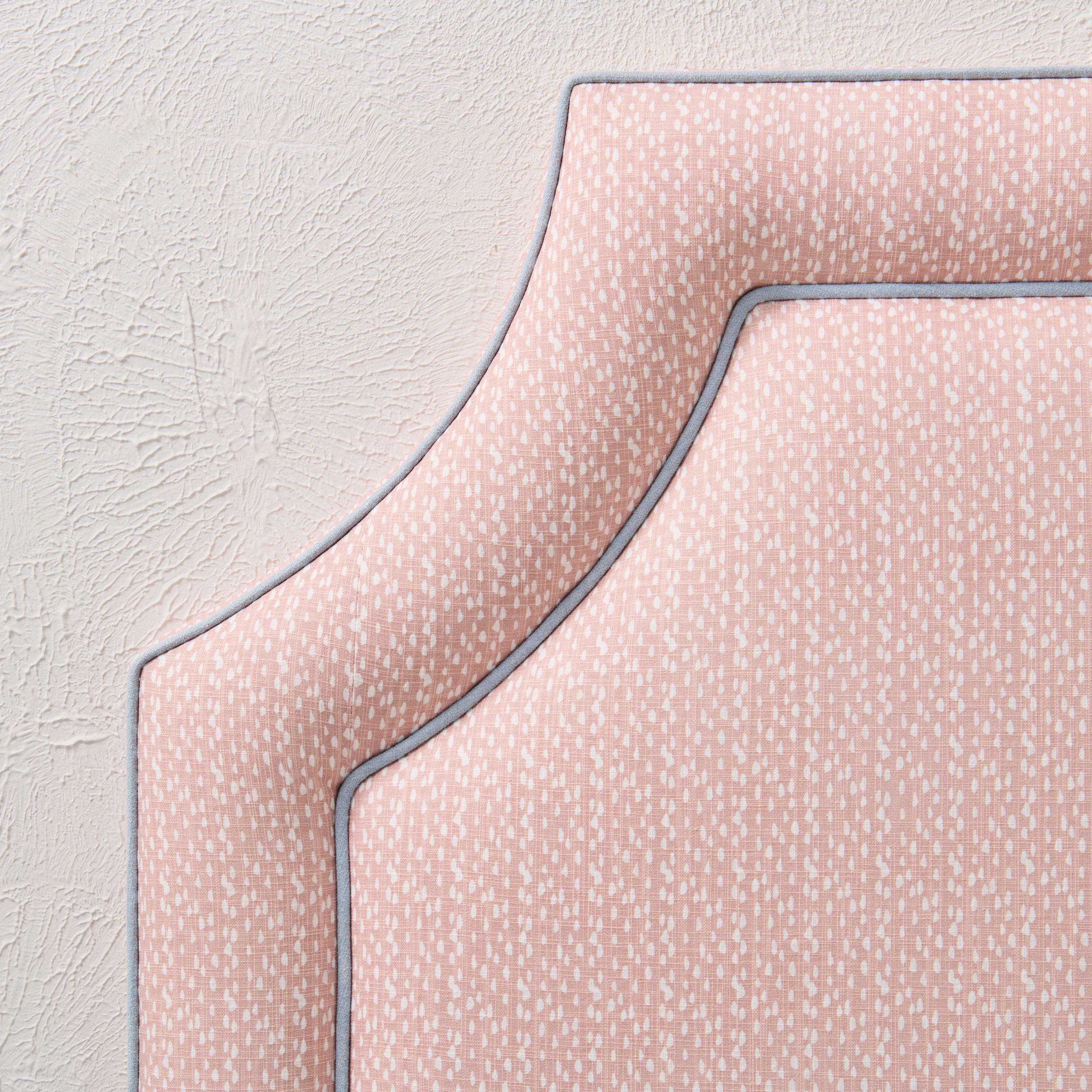 65" H Queen Headboard Blush Pink Dot Pattern Fabric - Sky Blue Trim - Image 6