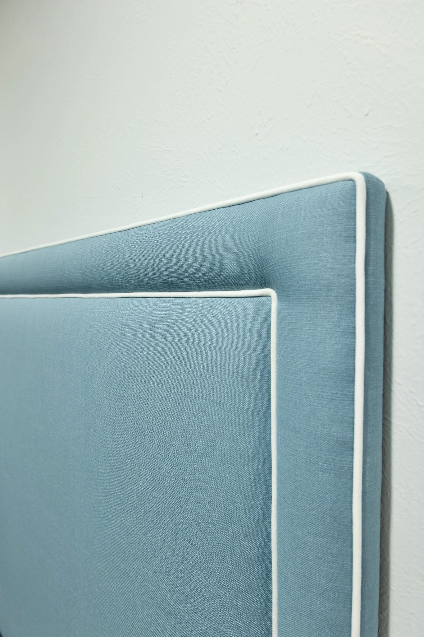 65”H Queen Headboard only - Blue Linen Look Fabric - White Trim - Image 2