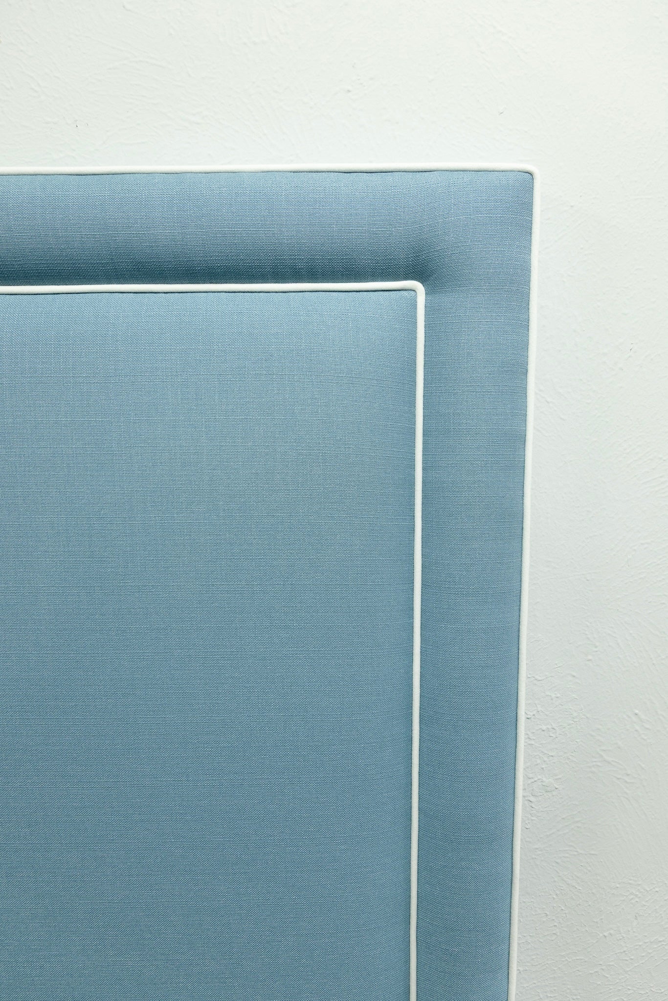 65”H Queen Headboard only - Blue Linen Look Fabric - White Trim - Image 3