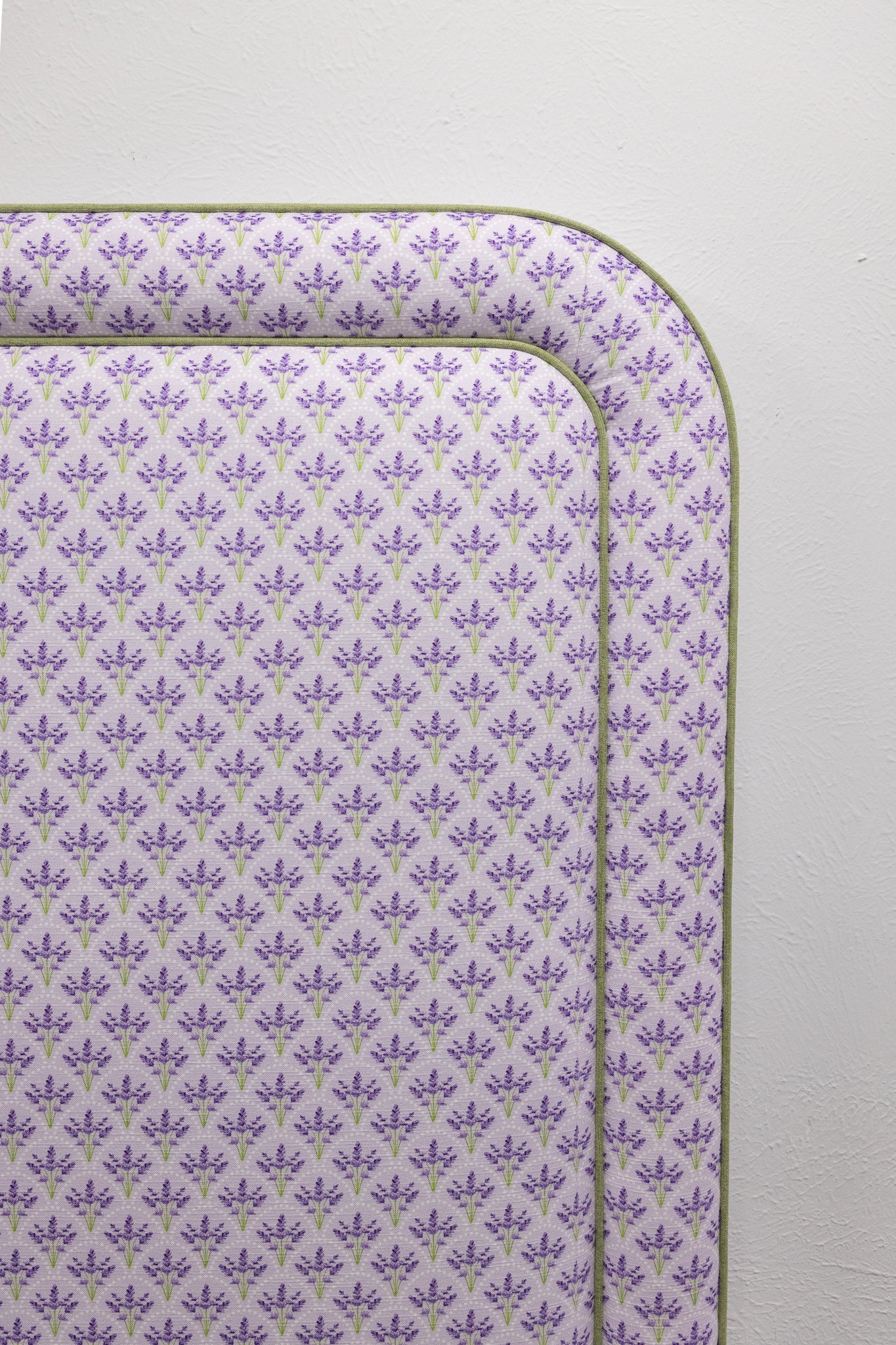 65”H Queen Headboard Only - Lorraine Lavender Floral Linen Fabric - Green Trim - Image 2
