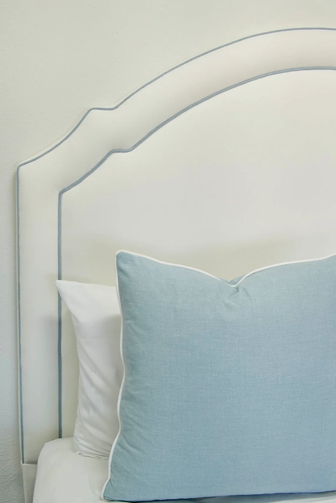 65”H Queen Headboard only - Performance White Velvet Fabric- Sky Blue Trim - Image 2