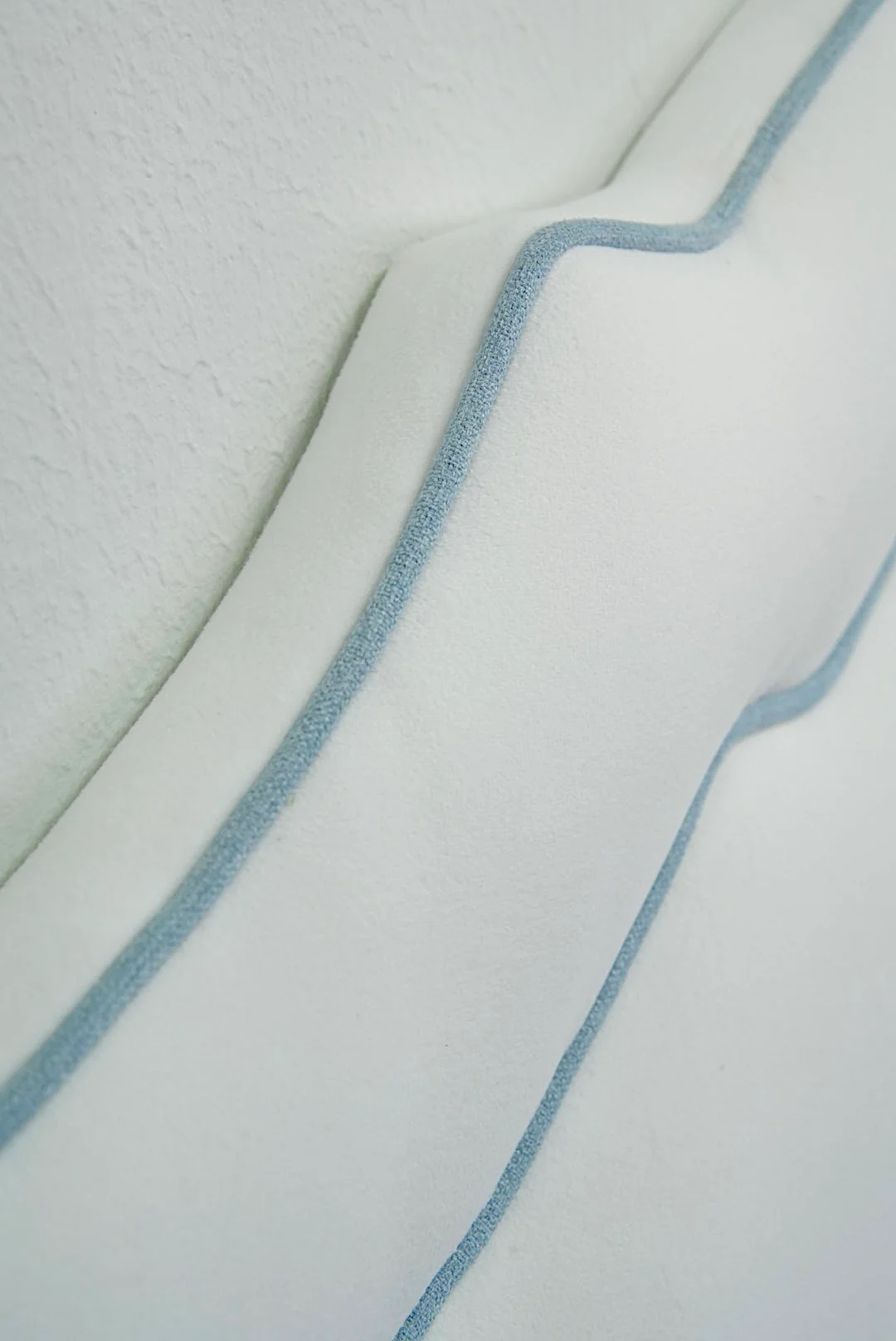 65”H Queen Headboard only - Performance White Velvet Fabric- Sky Blue Trim - Image 4