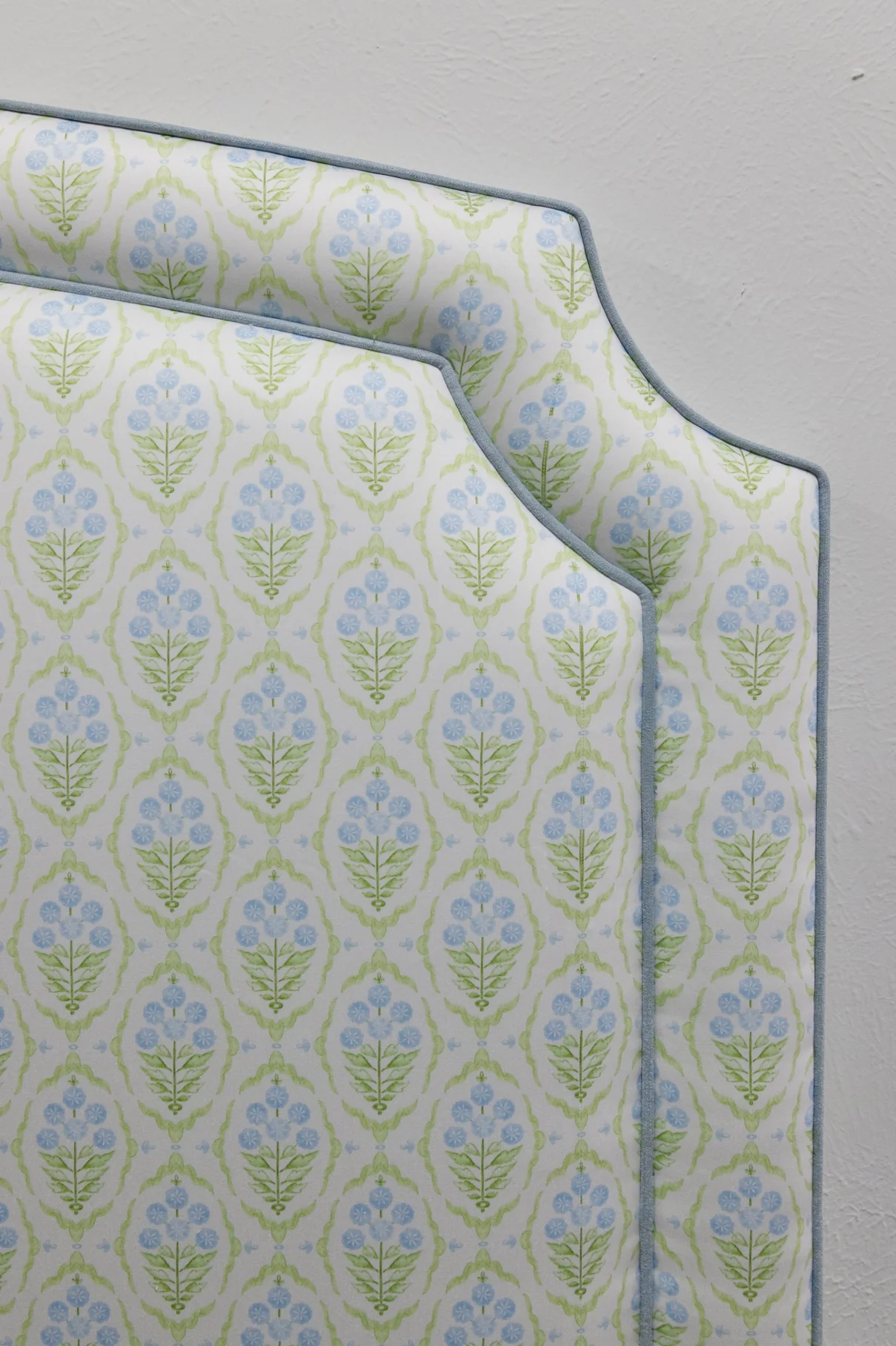65” H Queen Headboard Only - Blue and Green Satin Fabric - Blue Trim - Image 2