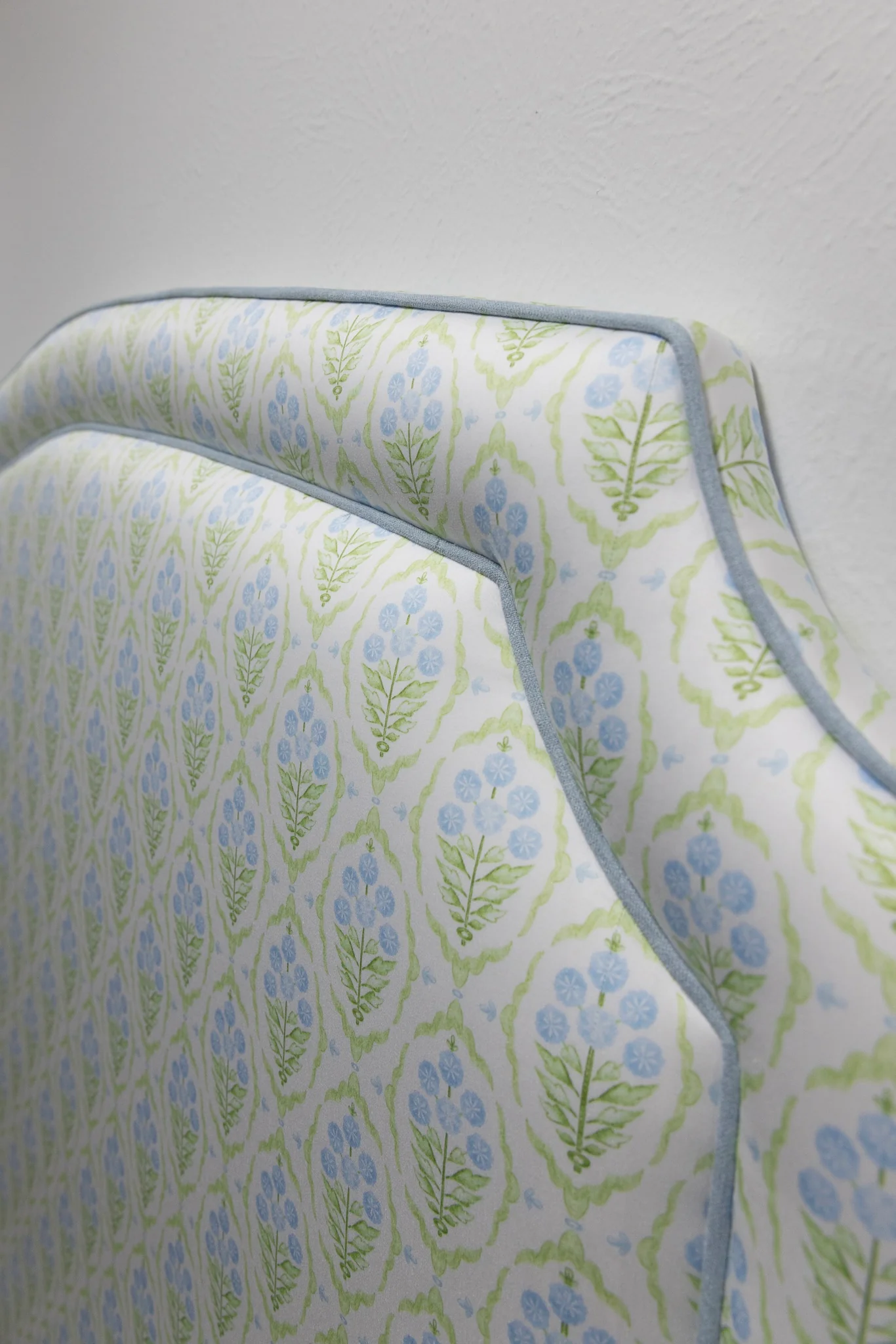 65” H Queen Headboard Only - Blue and Green Satin Fabric - Blue Trim - Image 4