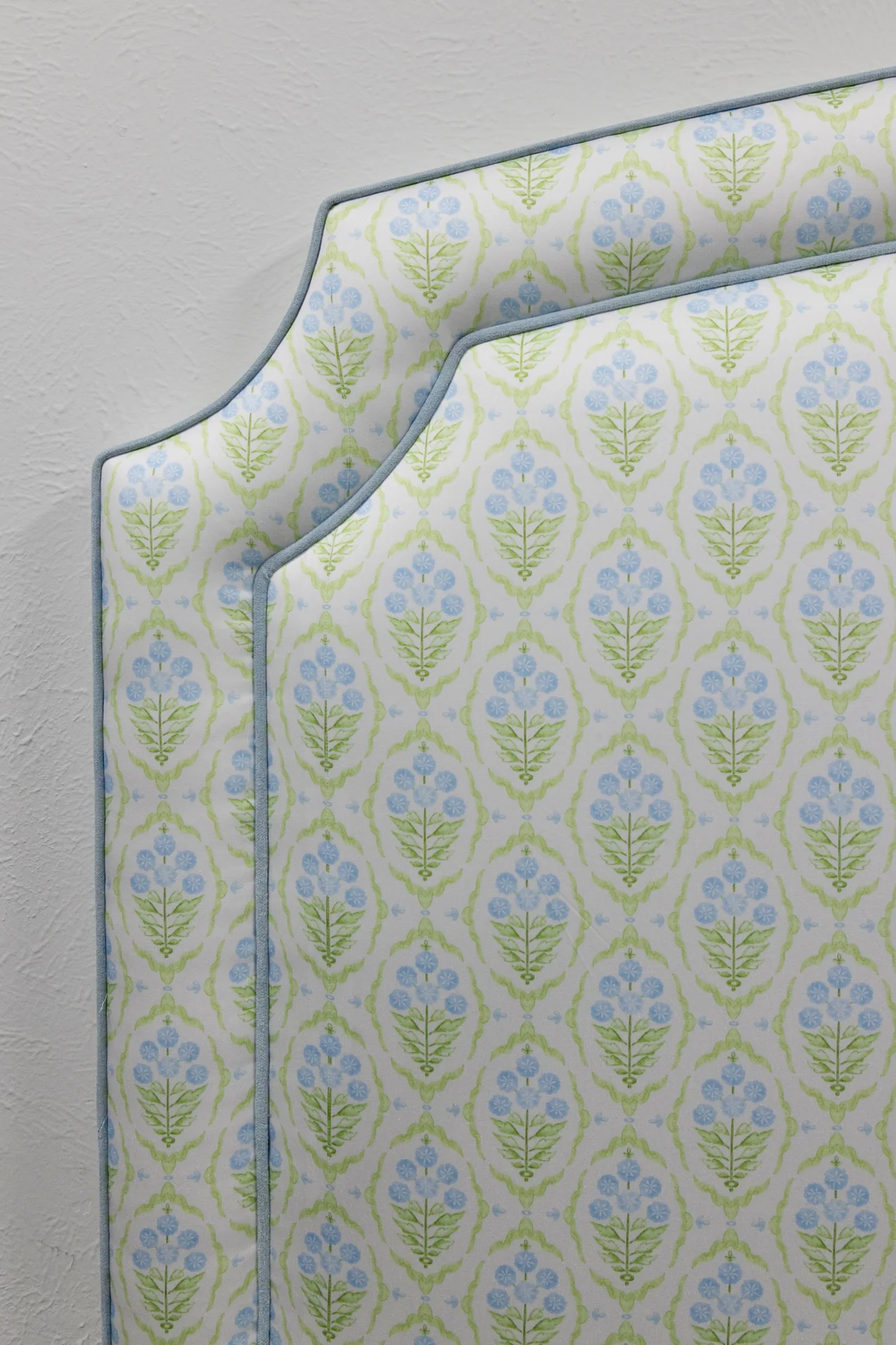 65” H Queen Headboard Only - Blue and Green Satin Fabric - Blue Trim - Image 5