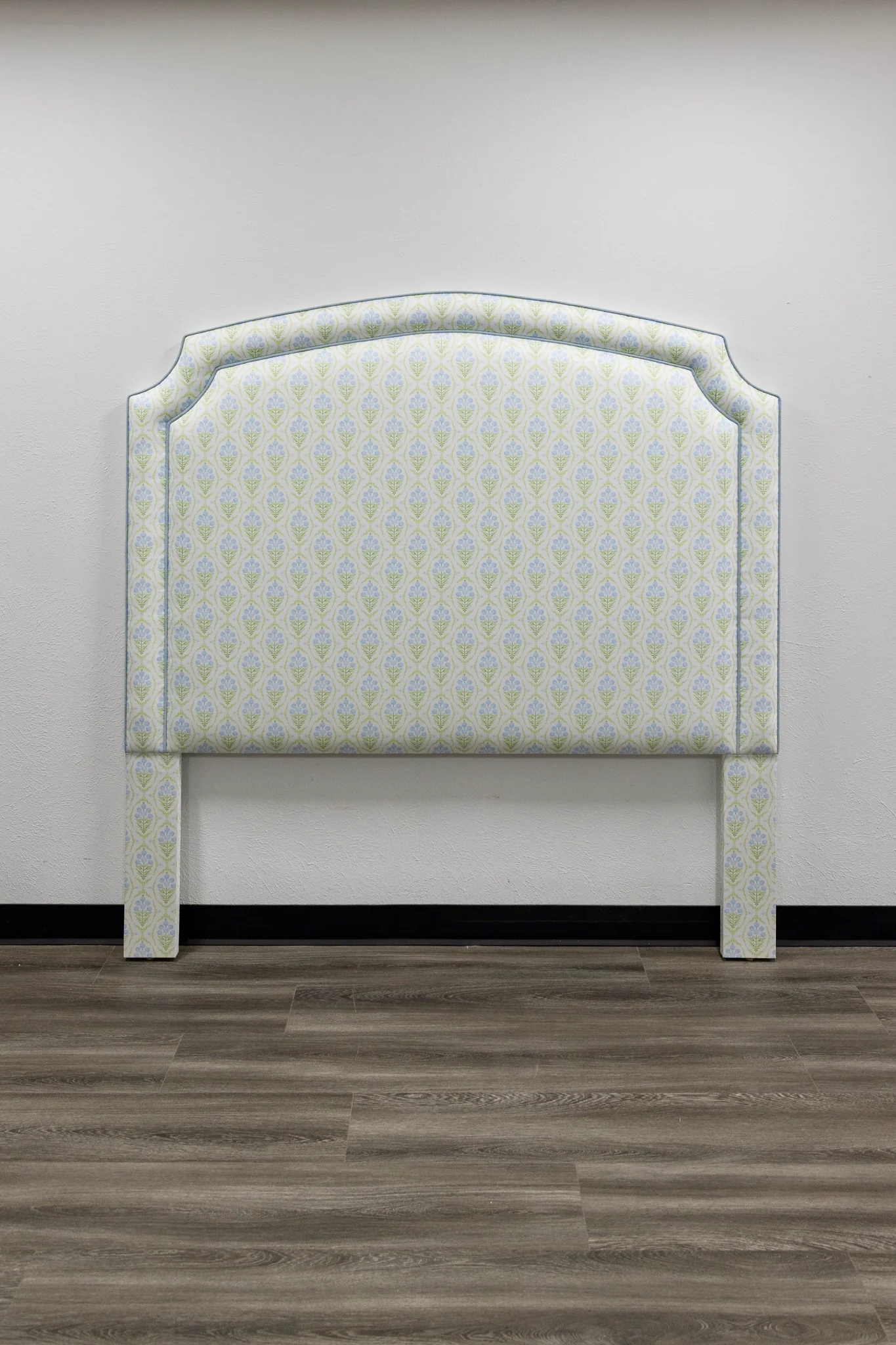 65” H Queen Headboard Only - Blue and Green Satin Fabric - Blue Trim - Image 6