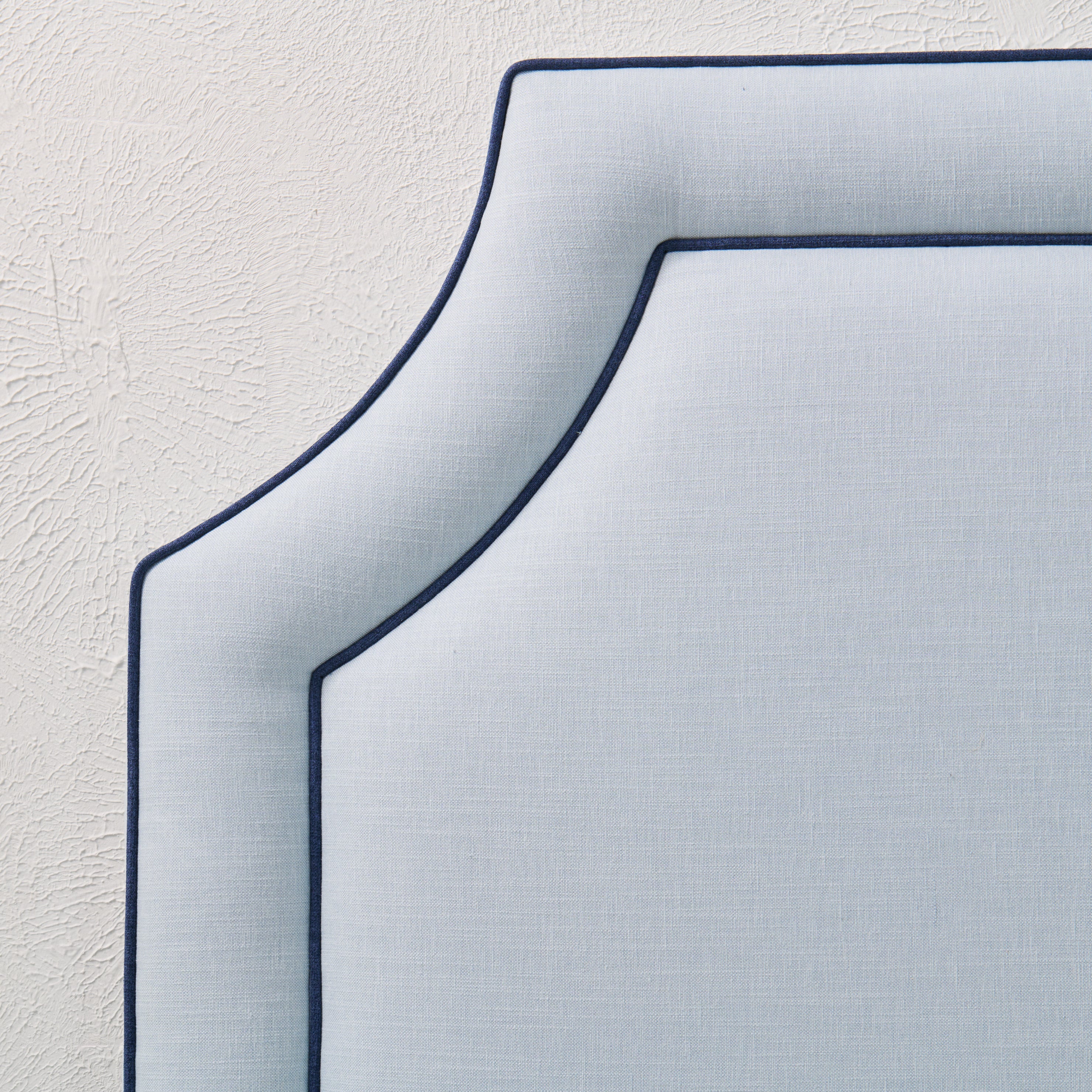 65”H Queen Headboard Only - Sky Blue Woven Fabric - Navy Trim - Image 5