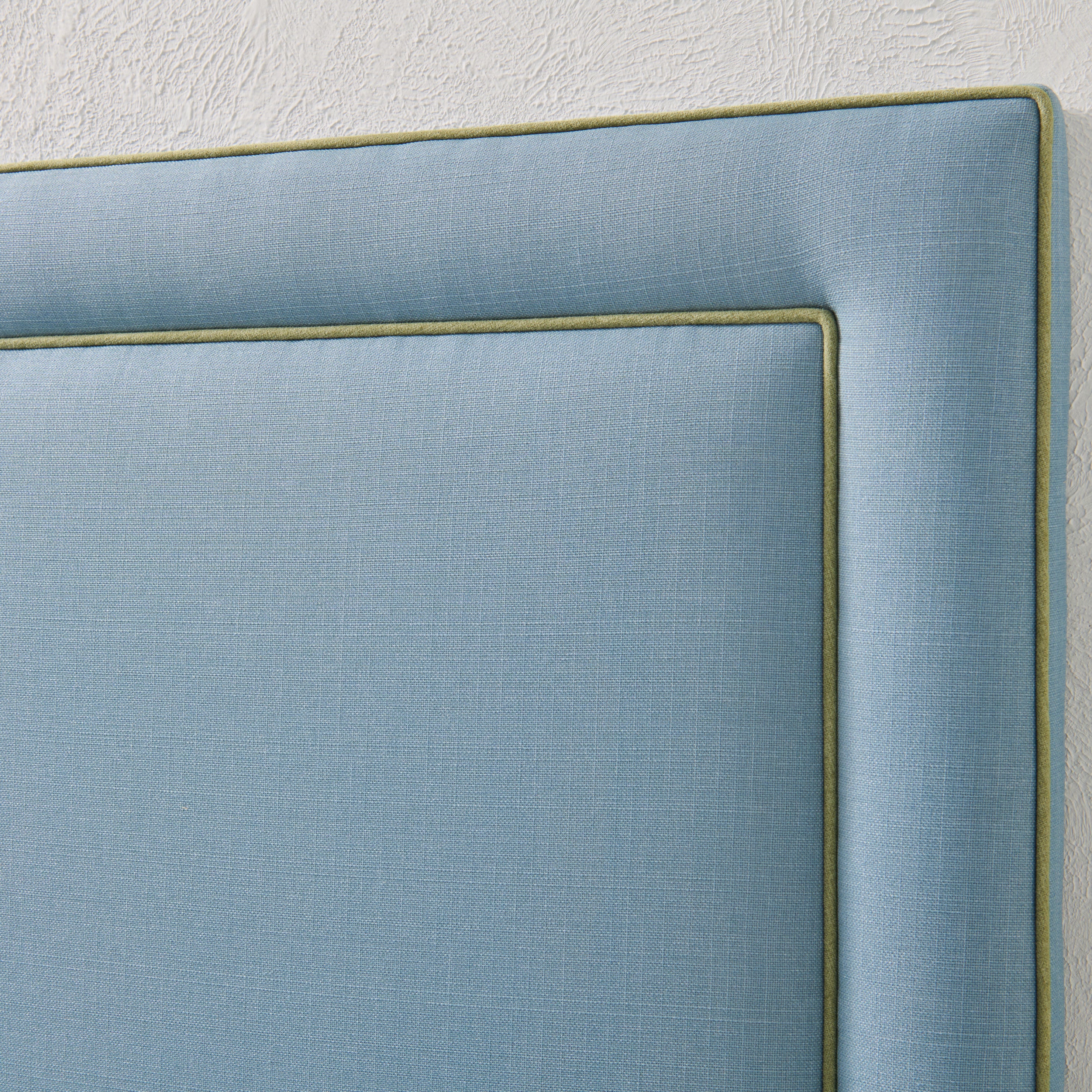 65”H Queen Headboard only - Blue Linen Fabric- White Trim - Image 6