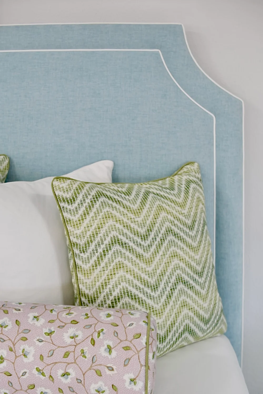65”H Queen Platform Bed - Seafoam Blue Chenille Fabric with White Trim - Image 2
