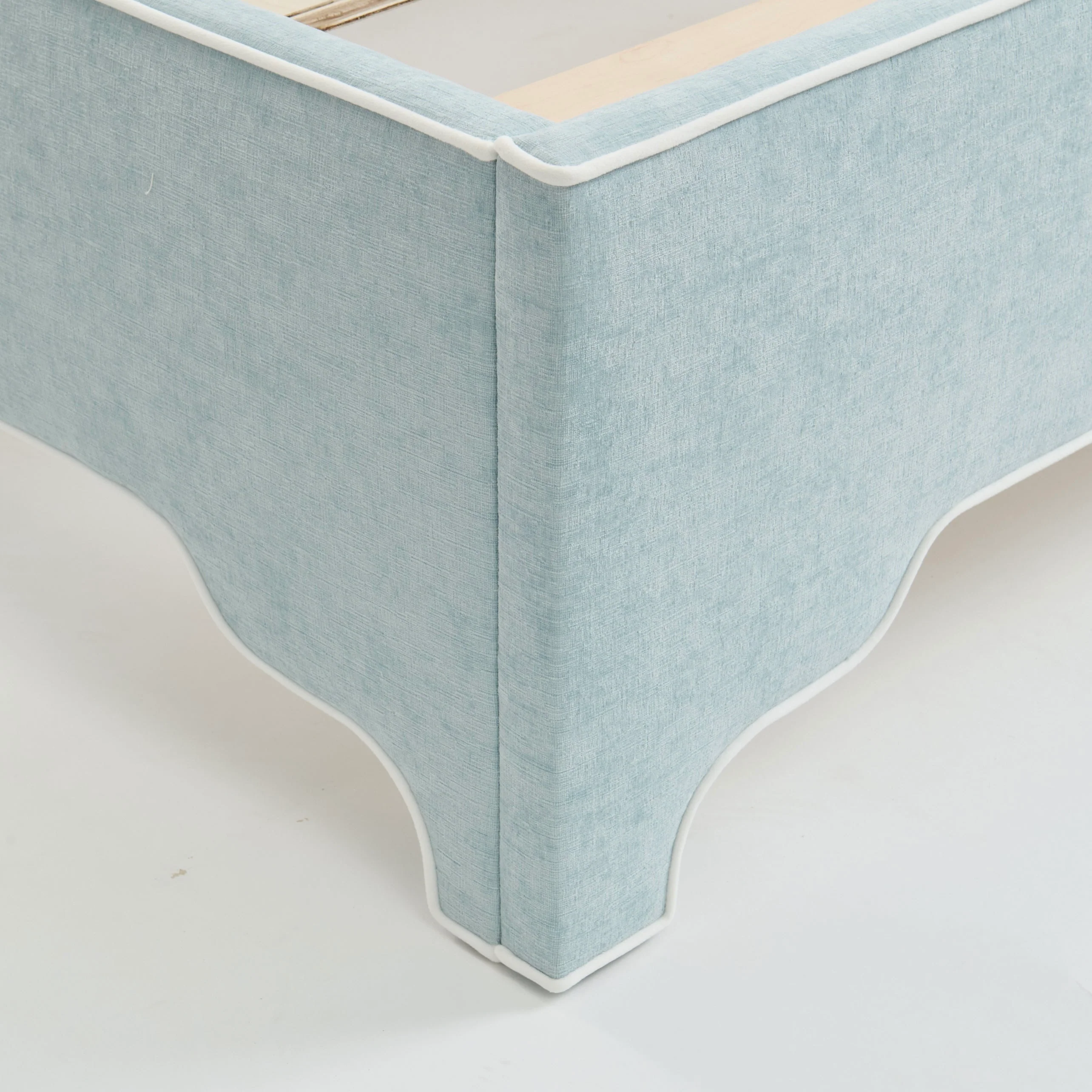 65”H Queen Platform Bed - Seafoam Blue Chenille Fabric with White Trim - Image 5