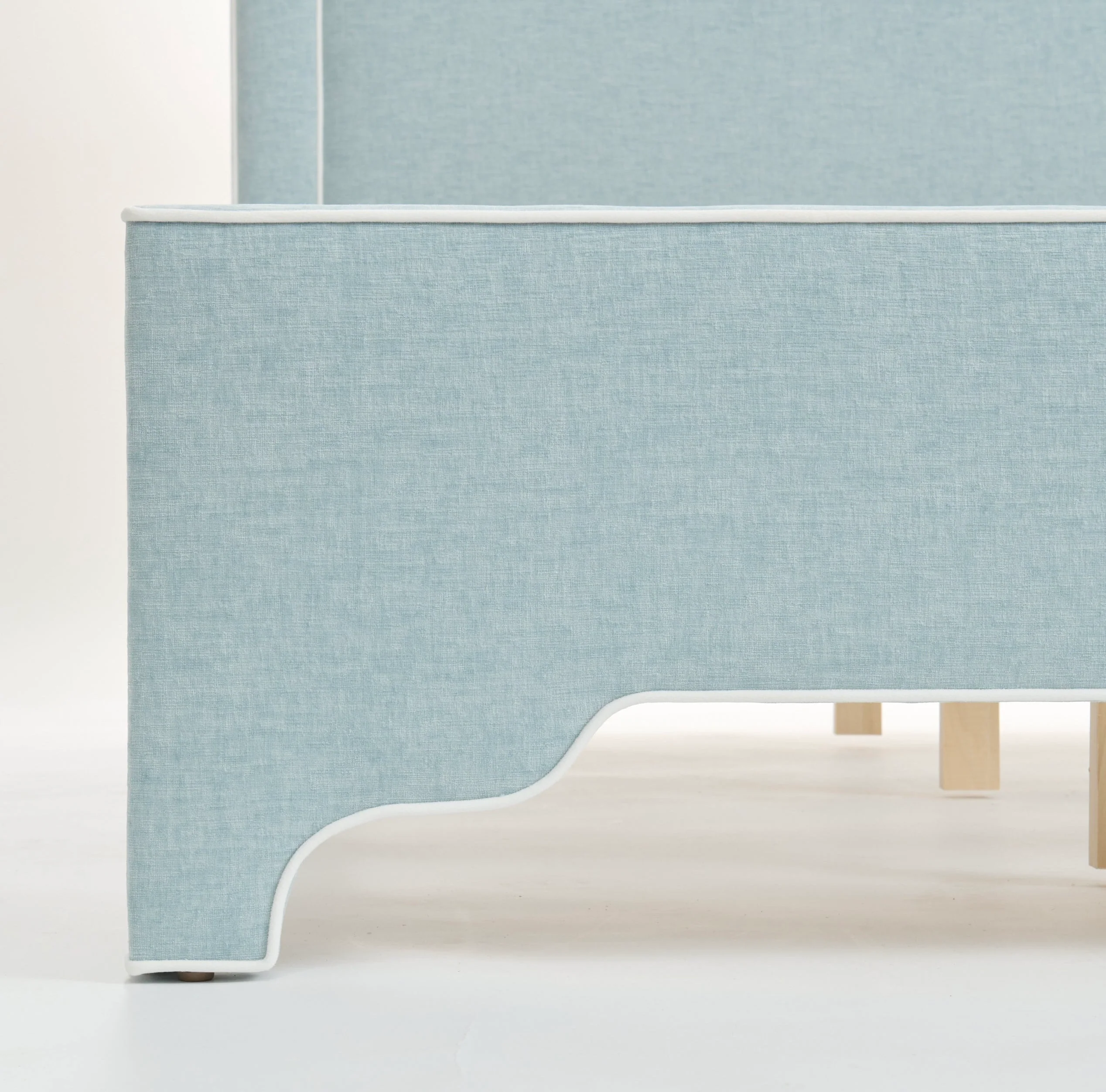 65”H Queen Platform Bed - Seafoam Blue Chenille Fabric with White Trim - Image 6