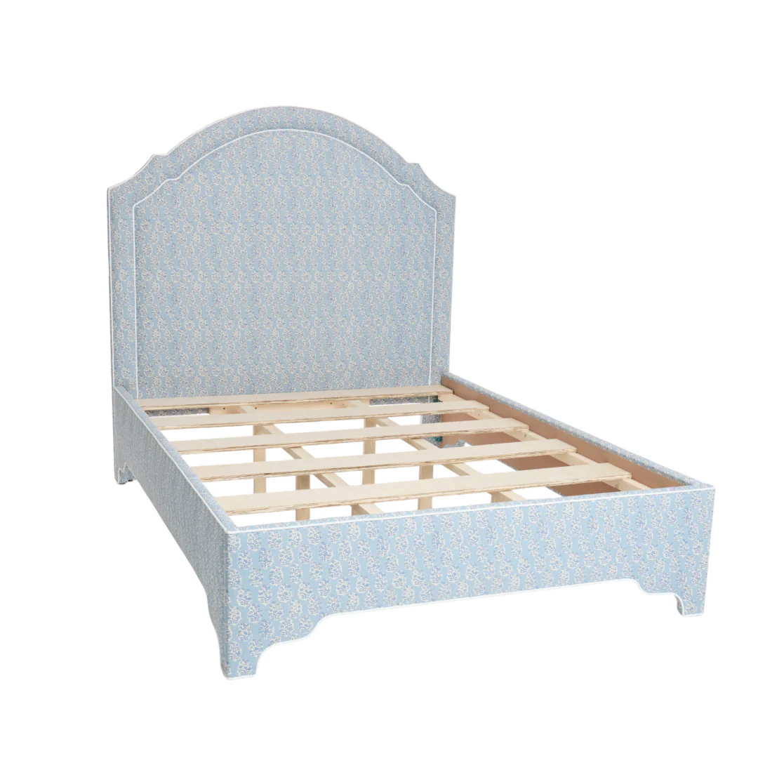 65”H Queen Platform Upholstered Bed - Perry Blue Polyester Fabric with White Trim