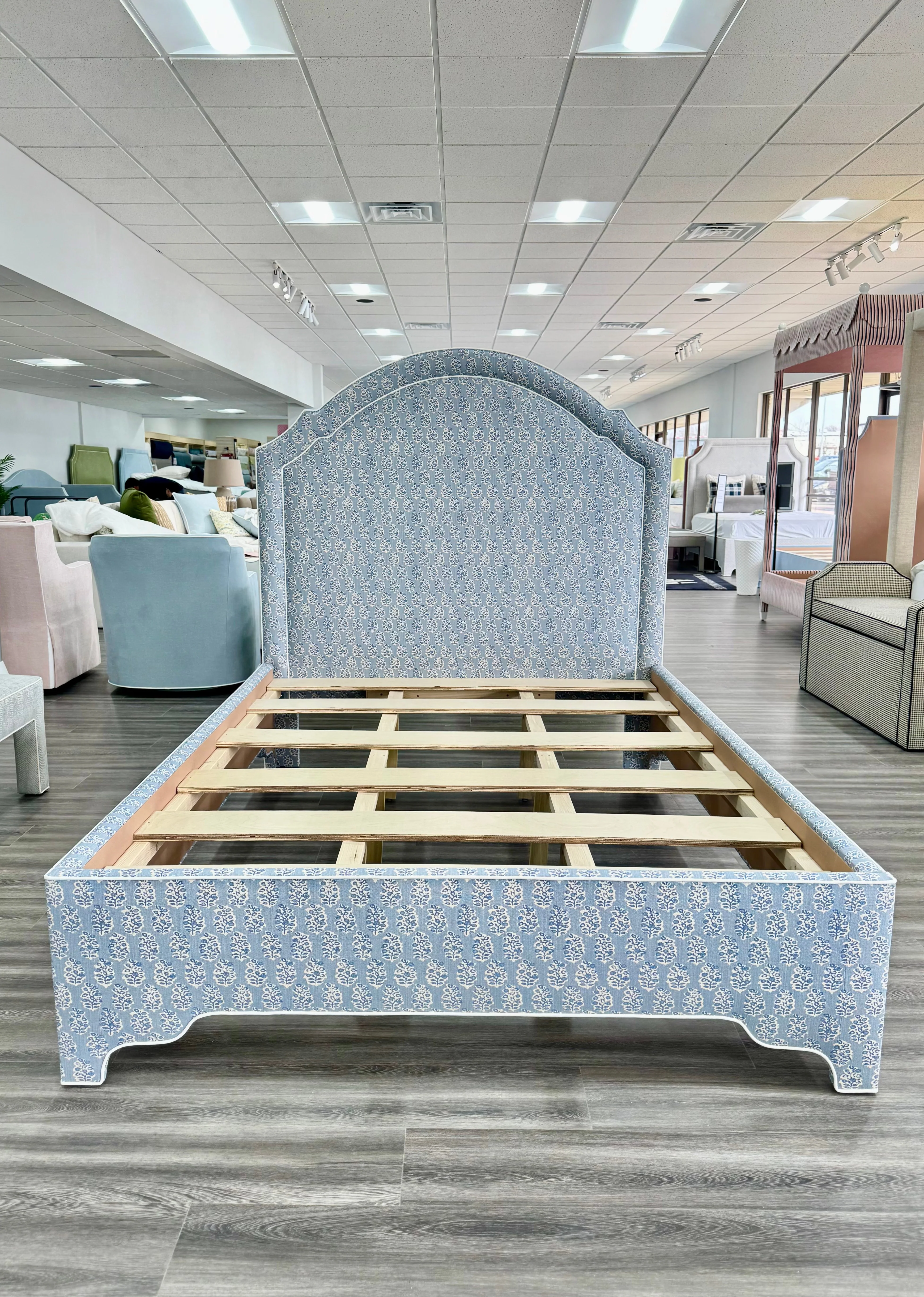 65”H Queen Platform Upholstered Bed - Perry Blue Polyester Fabric with White Trim - Image 5