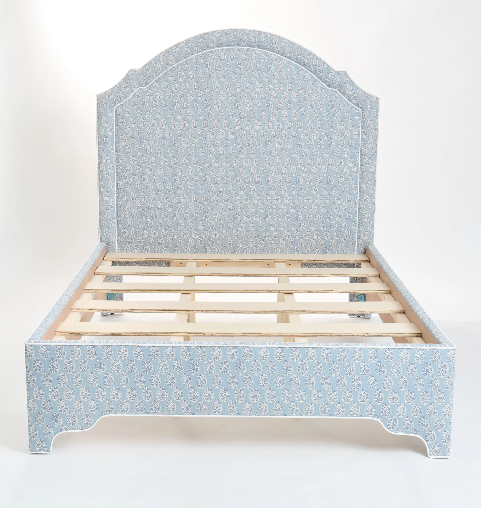 65”H Queen Platform Upholstered Bed - Perry Blue Polyester Fabric with White Trim - Image 8