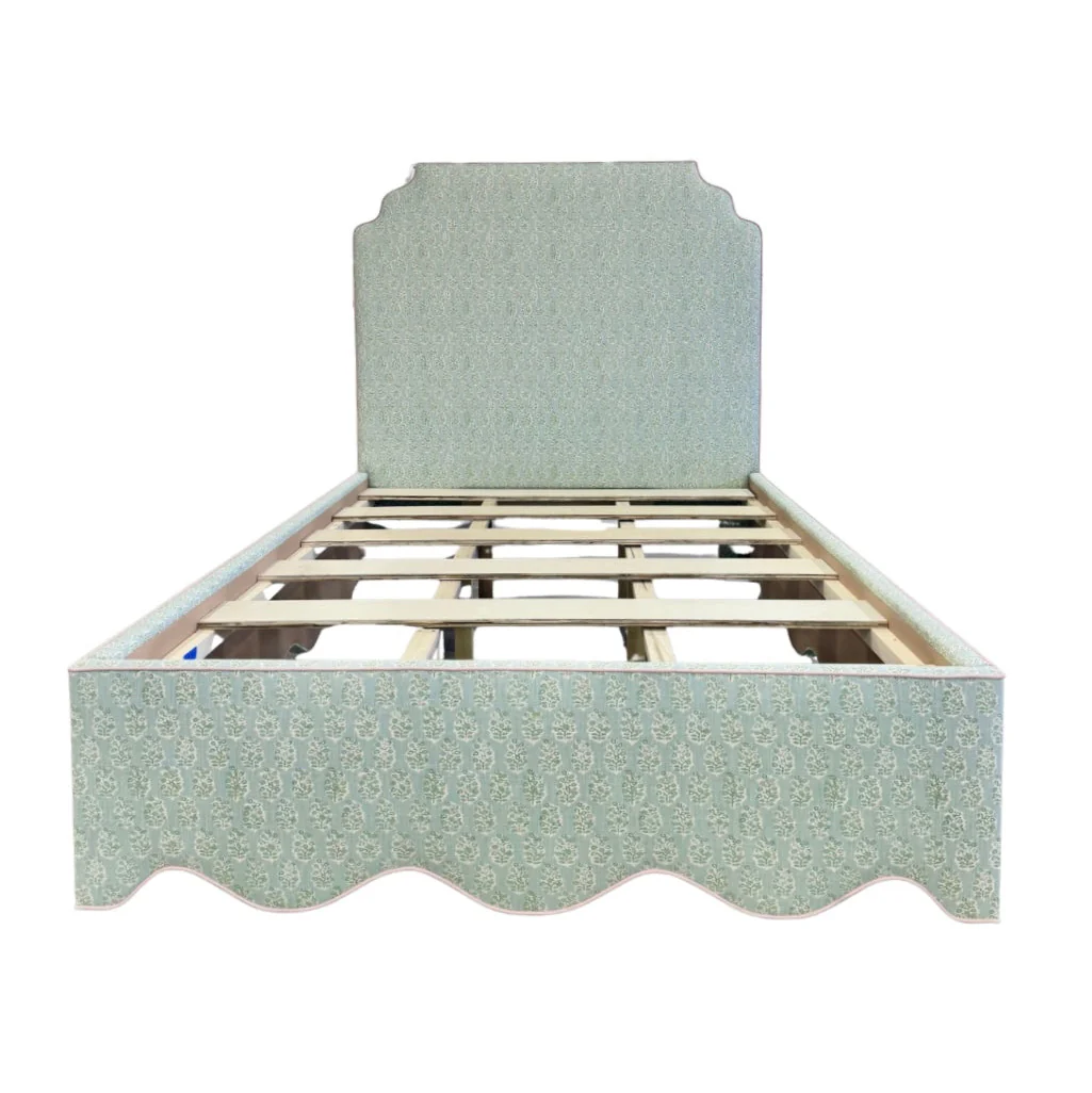65”H Queen Platform Upholstered Bed - Perry Green Polyester Fabric - Pink Trim