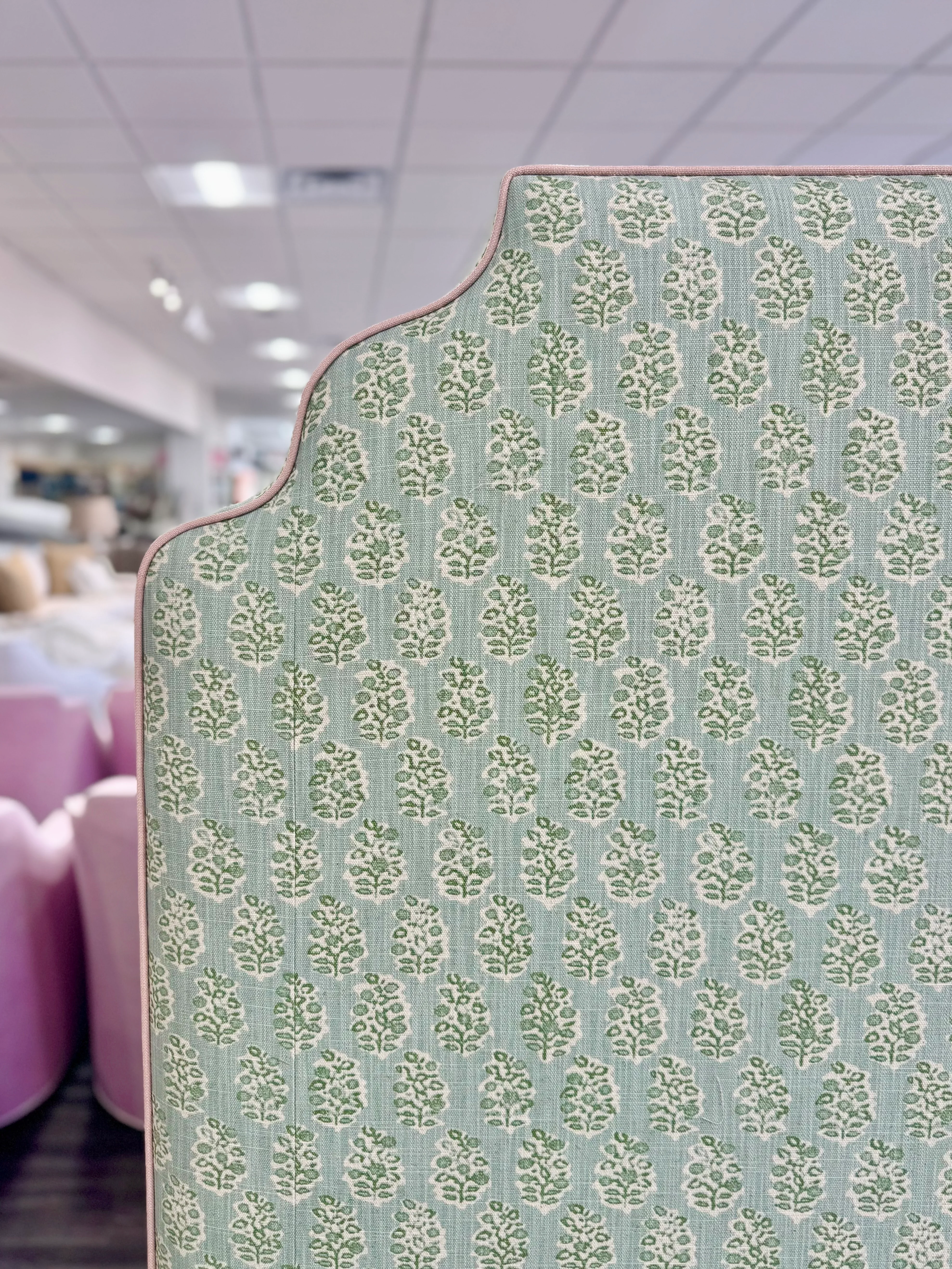 65”H Queen Platform Upholstered Bed - Perry Green Polyester Fabric - Pink Trim - Image 2