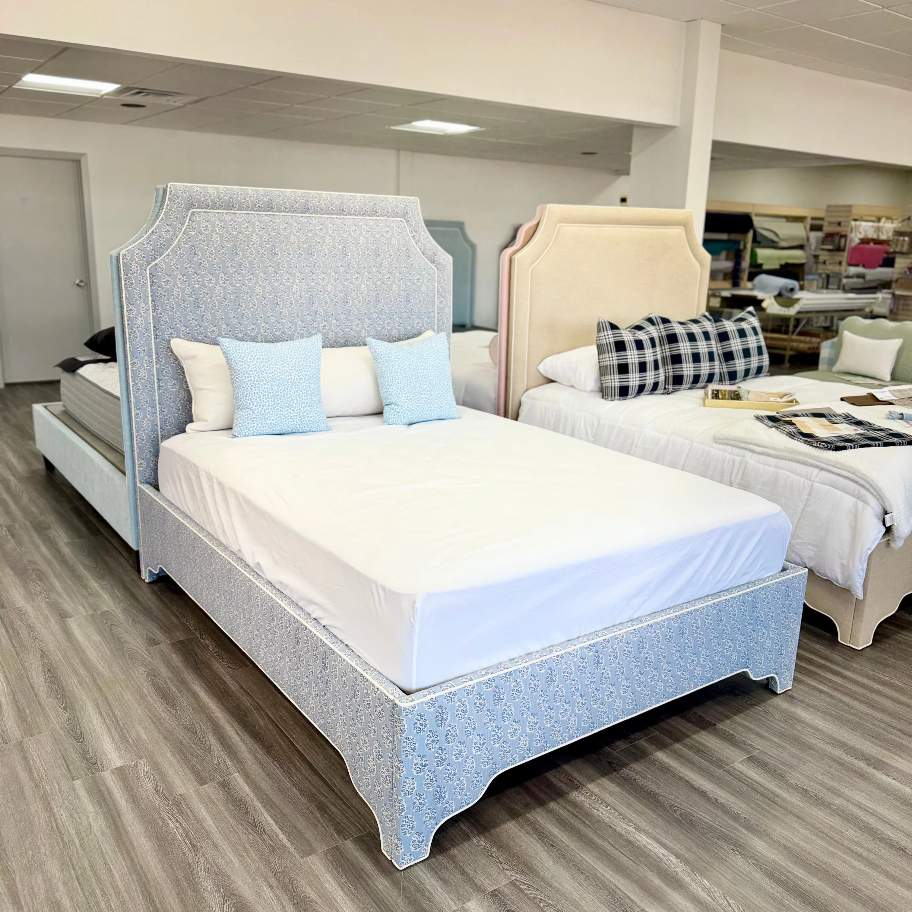 65”H Queen Platform Upholstered Bed - Perry Blue Polyester Fabric with White Trim - Image 2