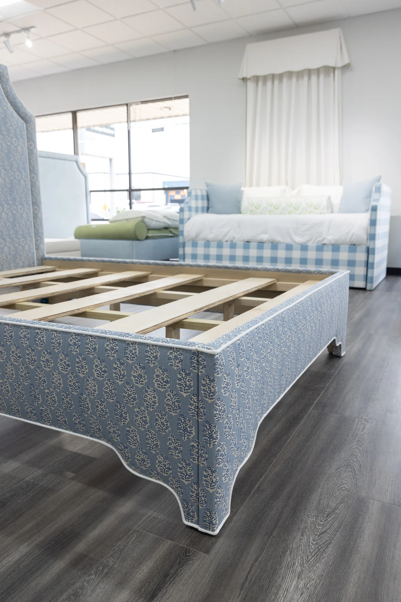 65”H Queen Platform Upholstered Bed - Perry Blue Polyester Fabric with White Trim - Image 6