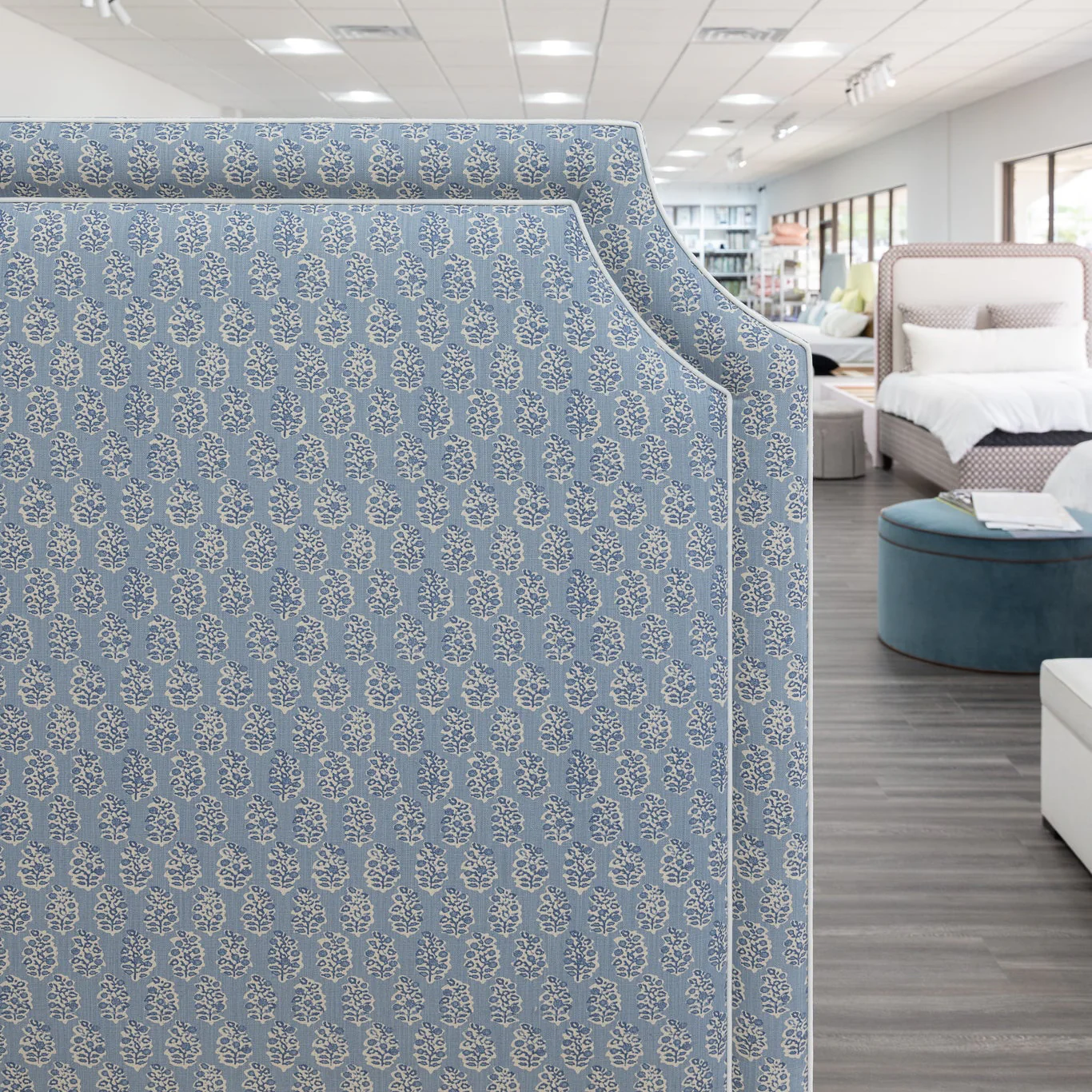 65”H Queen Platform Upholstered Bed - Perry Blue Polyester Fabric with White Trim - Image 7