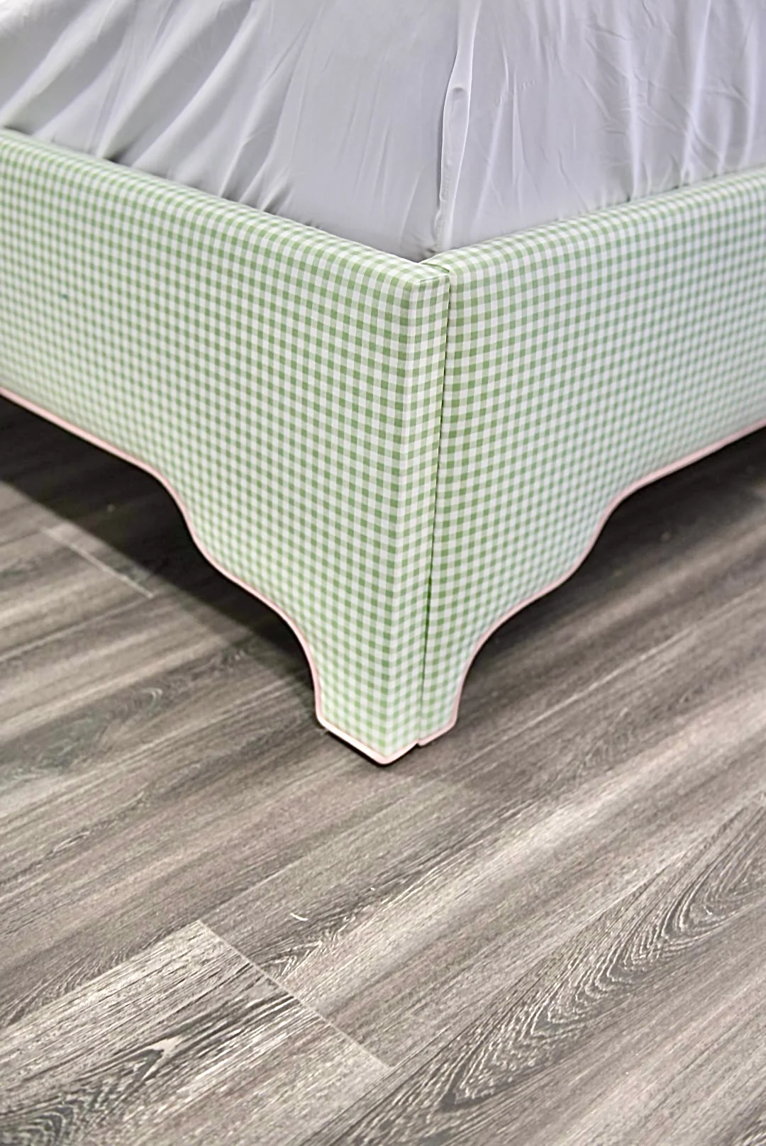 65”H Queen Platform Upholstered Bed - Sage Green Gingham Fabric with Blush Pink Trim - Image 4