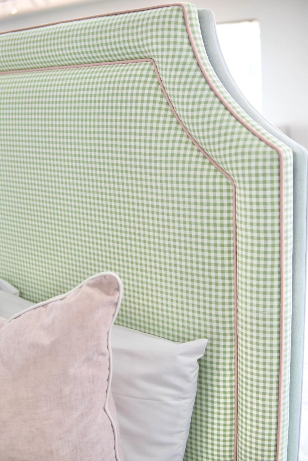 65”H Queen Platform Upholstered Bed - Sage Green Gingham Fabric with Blush Pink Trim - Image 2