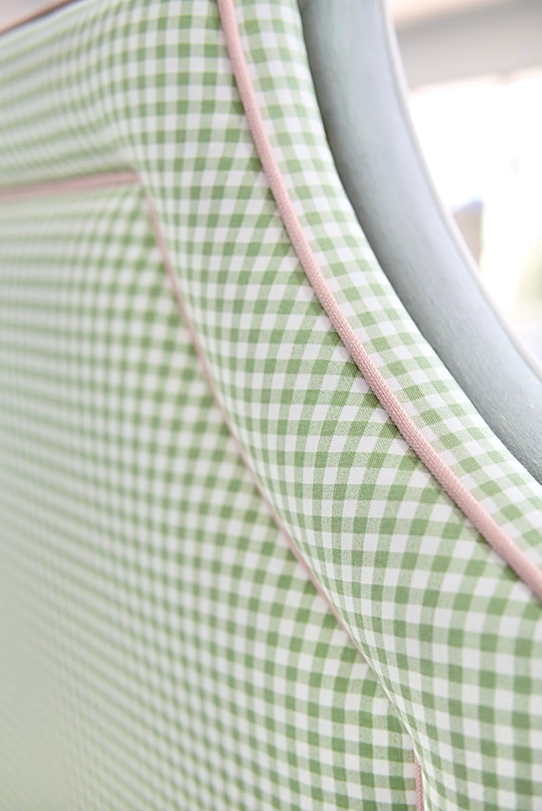 65”H Queen Platform Upholstered Bed - Sage Green Gingham Fabric with Blush Pink Trim - Image 5