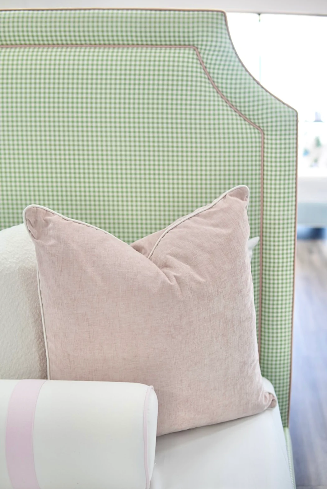 65”H Queen Platform Upholstered Bed - Sage Green Gingham Fabric with Blush Pink Trim - Image 6