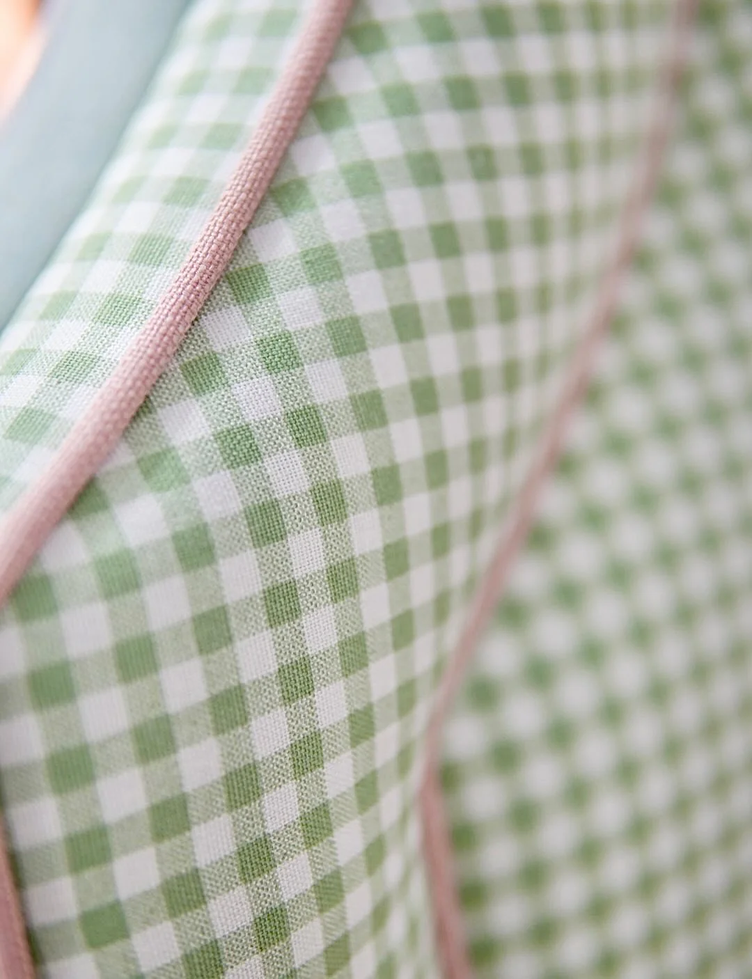 65”H Queen Platform Upholstered Bed - Sage Green Gingham Fabric with Blush Pink Trim - Image 7