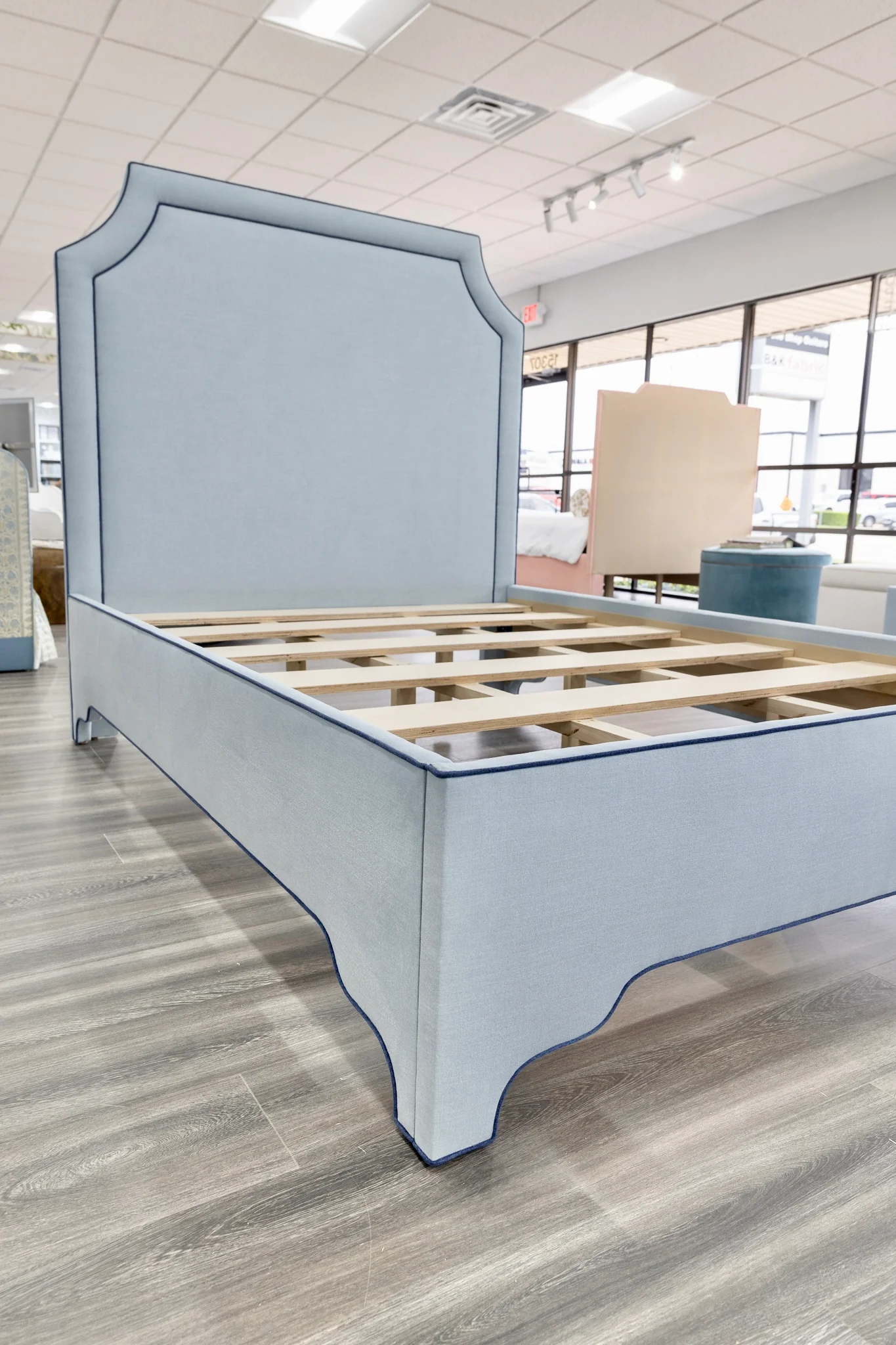 65”H Queen Platform Upholstered Bed - Sky Blue Woven Fabric - Navy Trim - Image 2