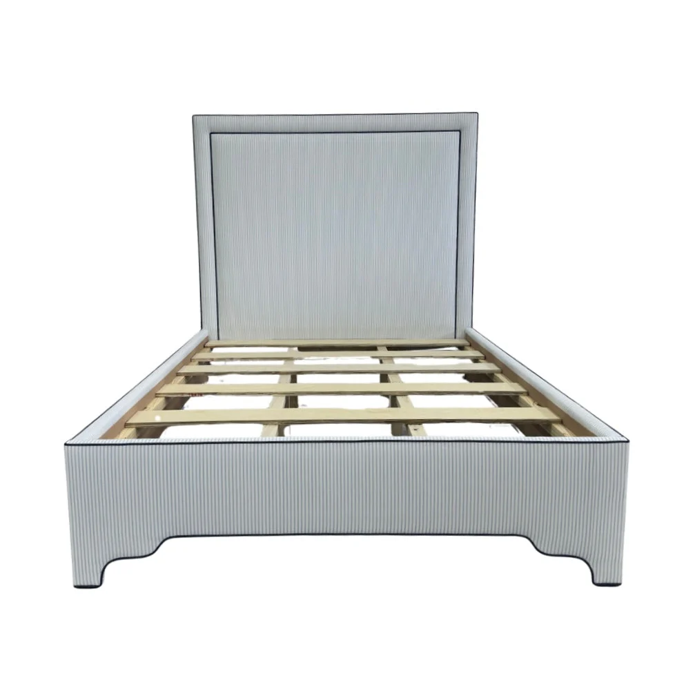 65”H Queen Upholstered Platform Bed - Classic Ticking Blue Fabric - Navy Trim